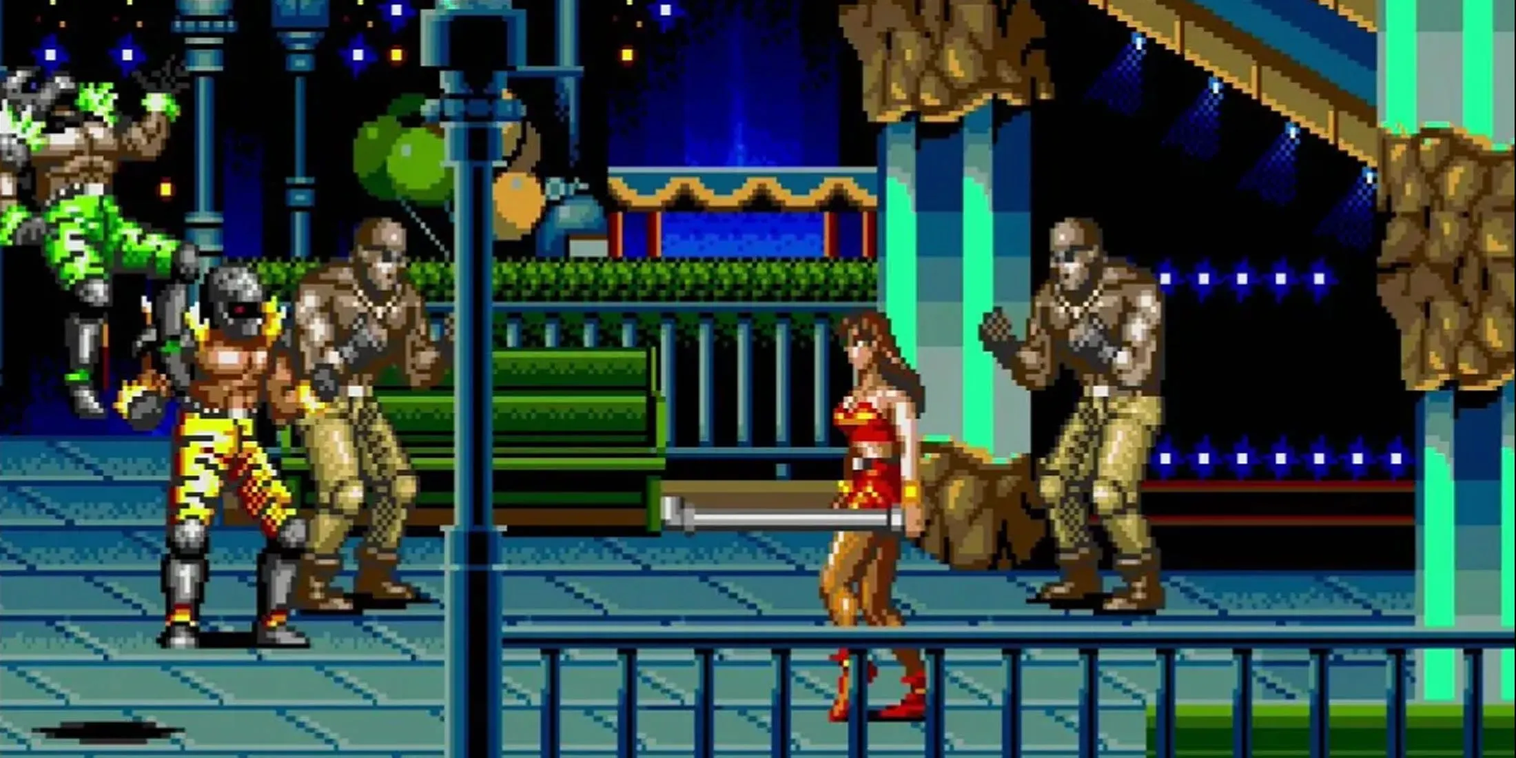 Streets of Rage 2 với nhân vật Blaze Fielding đang thực hiện một đòn tấn công trên đường phố ngập tràn kẻ thù, thể hiện đồ họa pixel art chi tiết và lối chơi hành động dồn dập của game trên Sega Genesis.