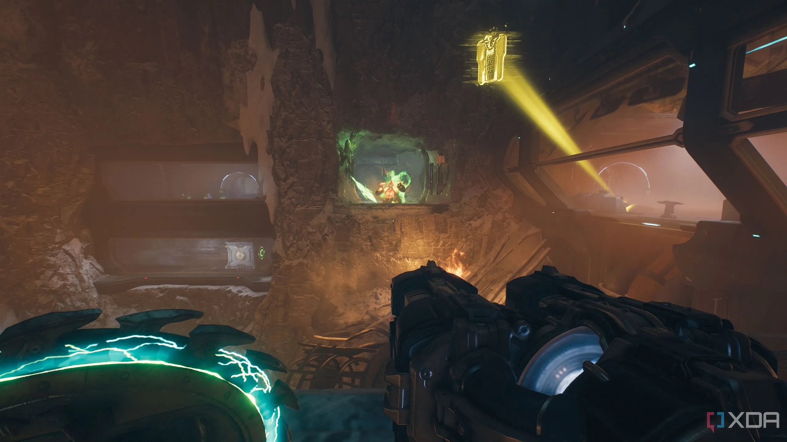 Sử dụng nút thịt xanh (green flesh node) để vượt qua khoảng trống lớn, dẫn đến bí mật trong Doom The Dark Ages.