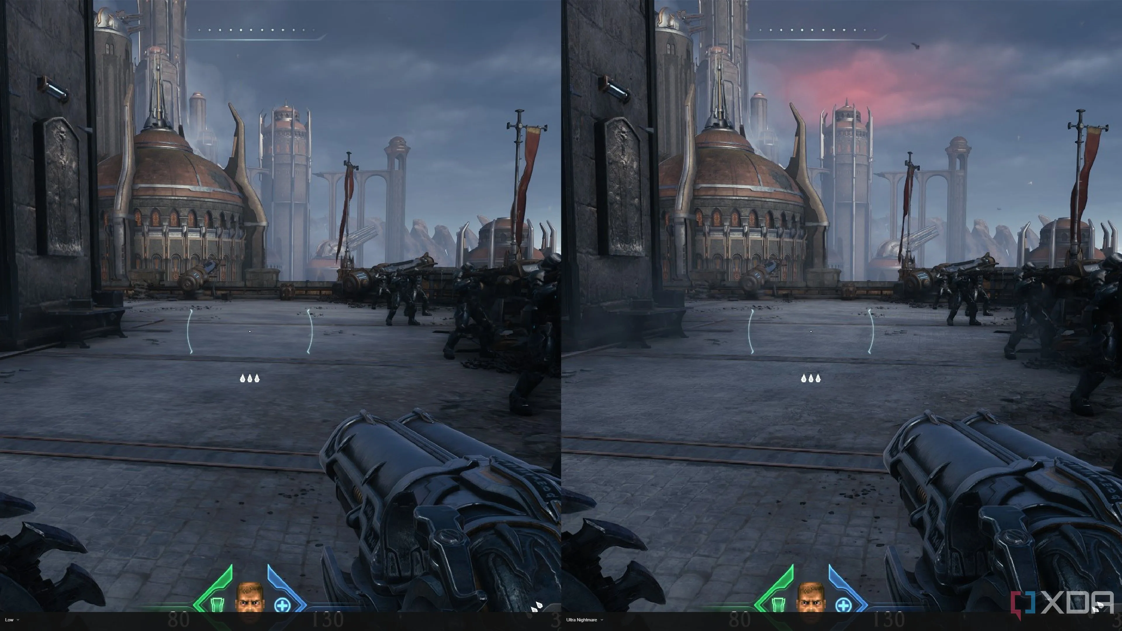 Sự khác biệt cài đặt đồ họa Low và Ultra Nightmare trên RTX 4060 trong Doom The Dark Ages