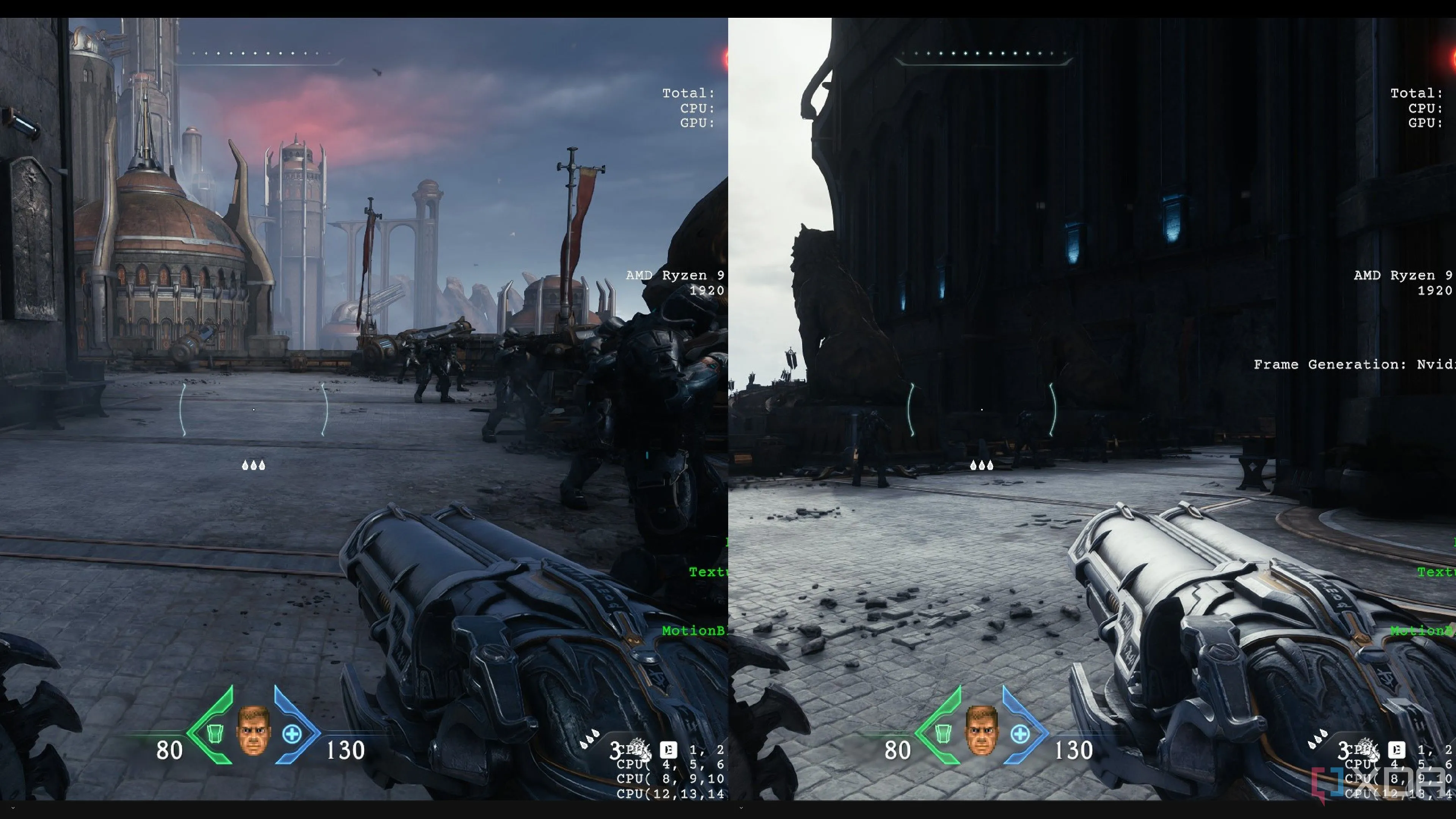 Sự khác biệt hiệu ứng Ray Tracing trên mô hình vũ khí trong Doom The Dark Ages