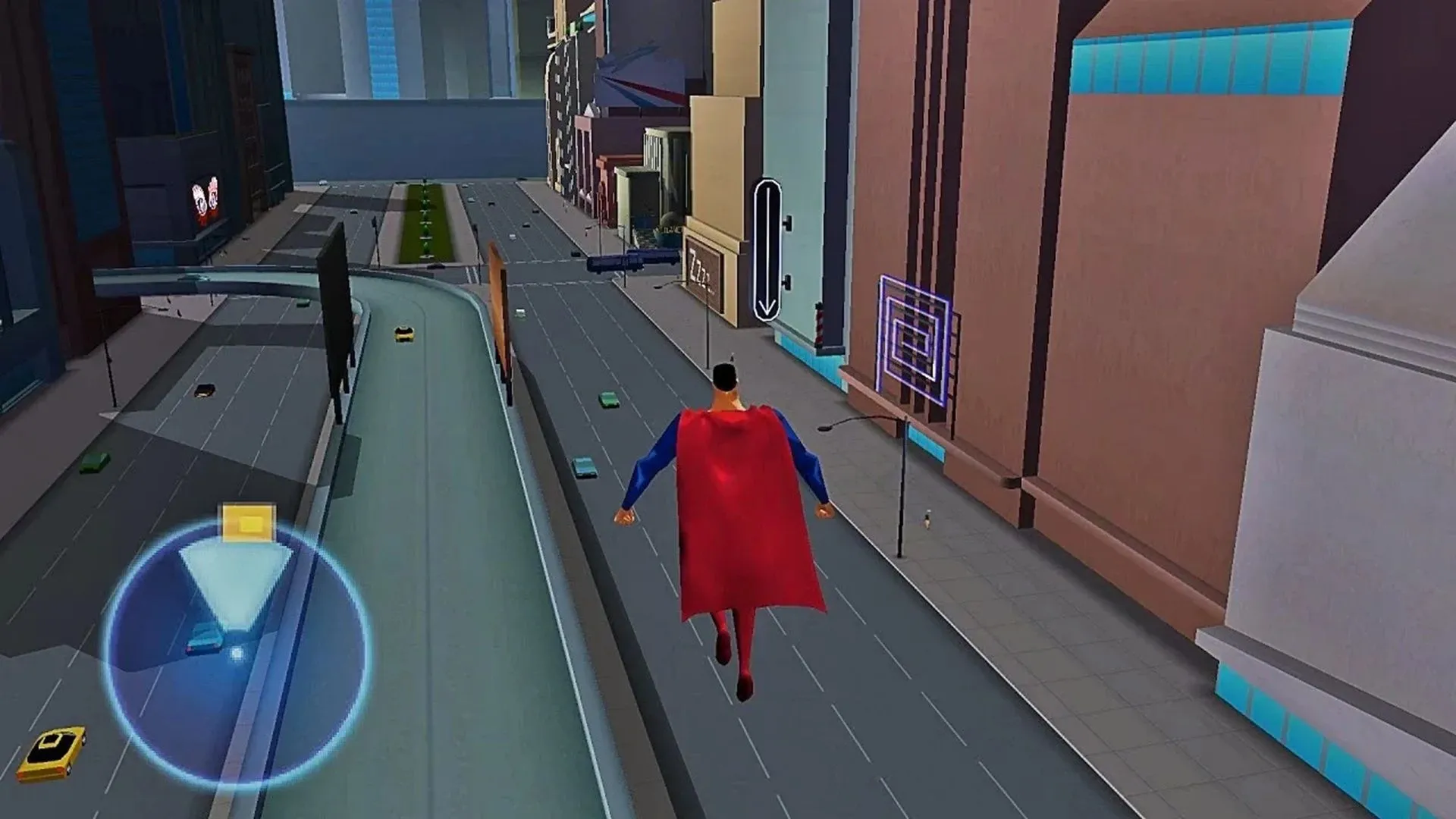 Superman bay lượn giữa những tòa nhà chọc trời trong game Superman: Shadow of Apokolips trên PS2/GameCube