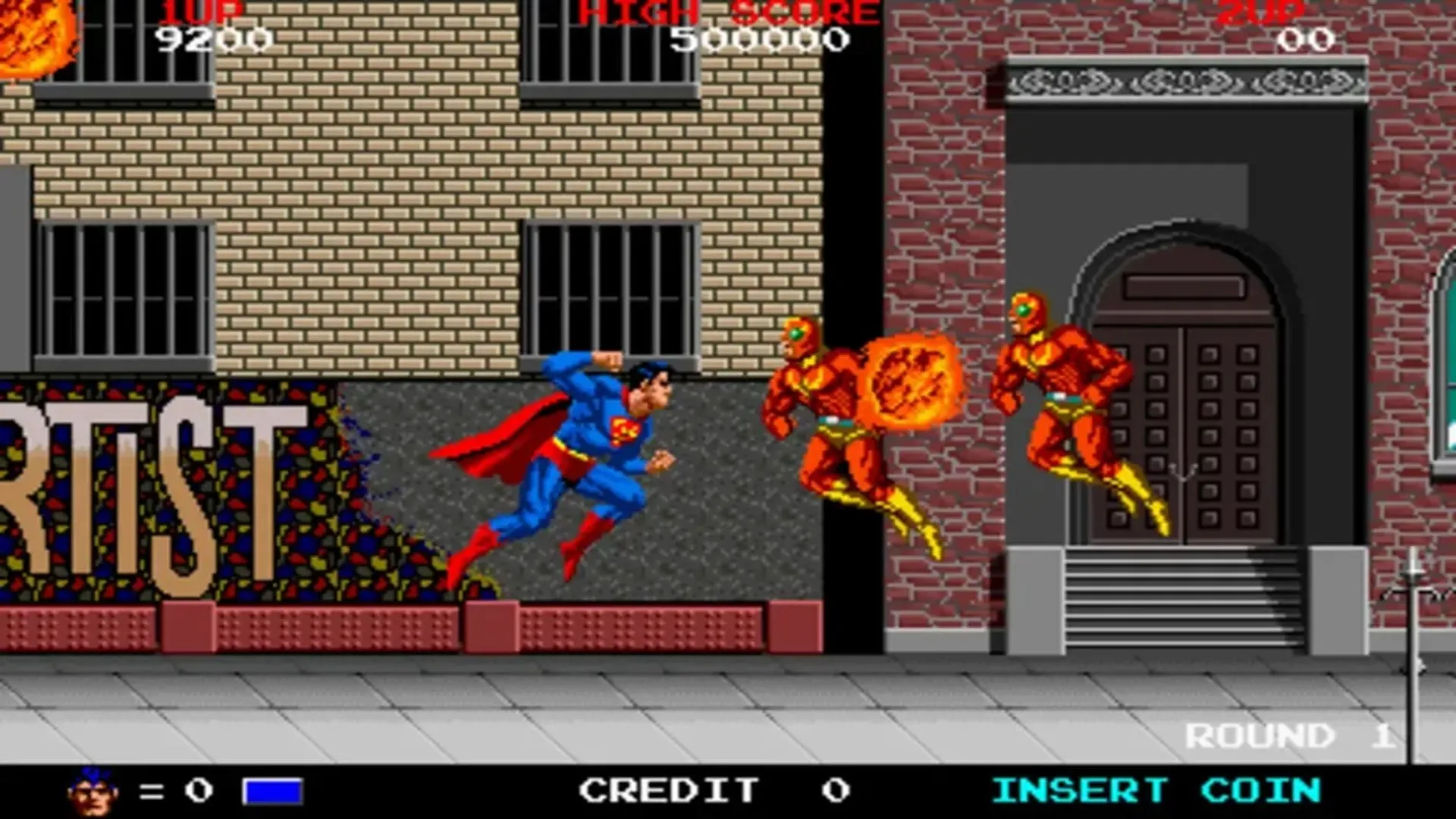 Superman tung cú đấm vào kẻ thù trong tựa game arcade kinh điển Superman The Video Game năm 1988