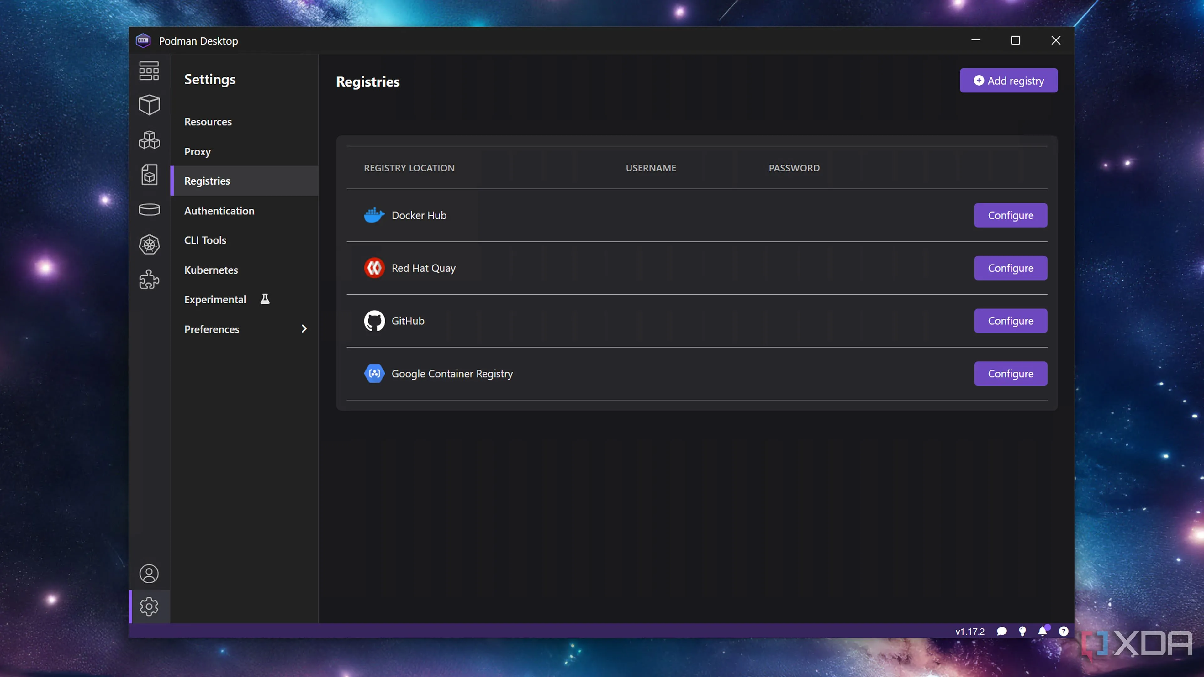 Tab Registries trên Podman Desktop
