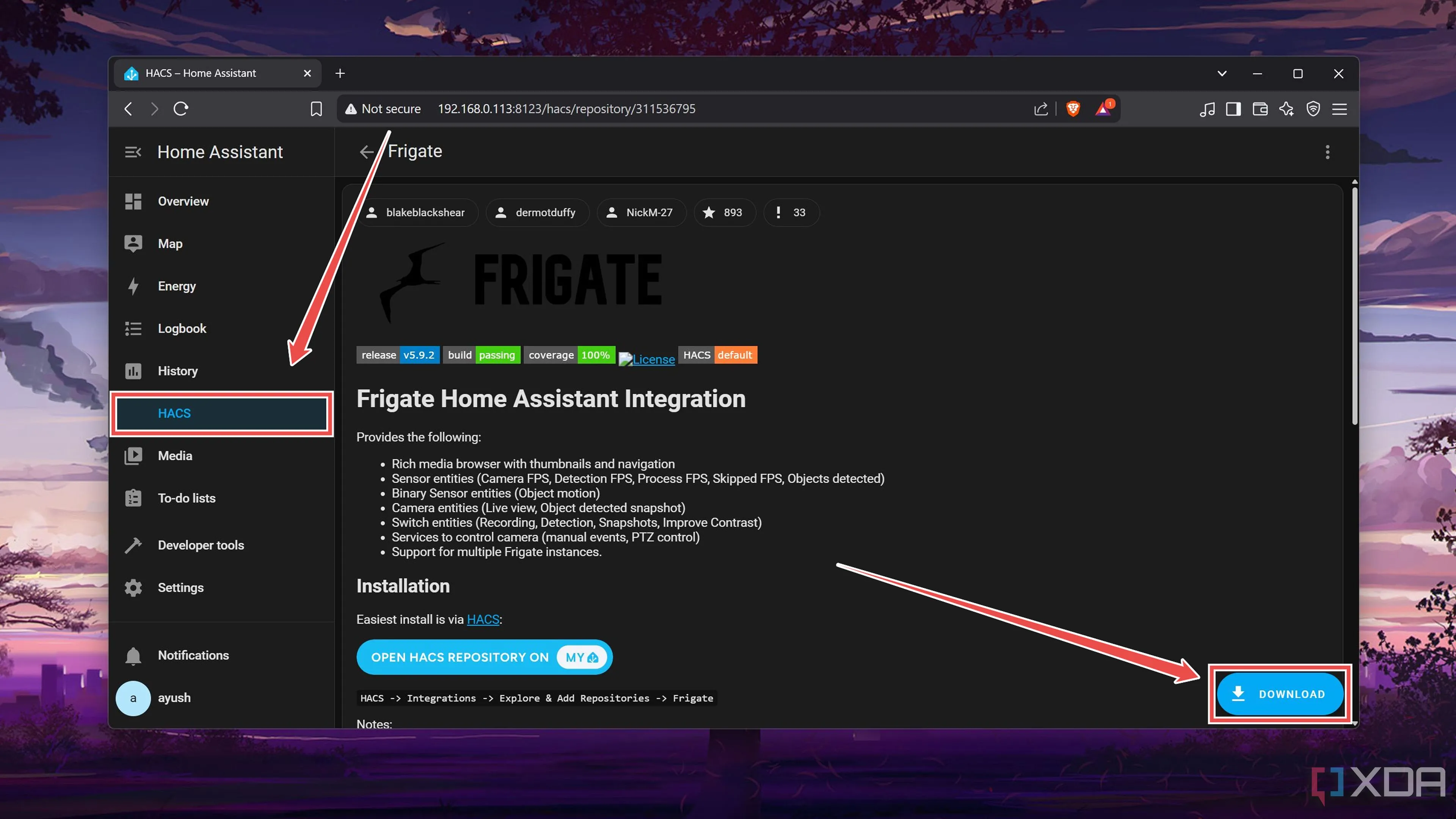 Tải xuống tích hợp Frigate từ Home Assistant Community Store (HACS)