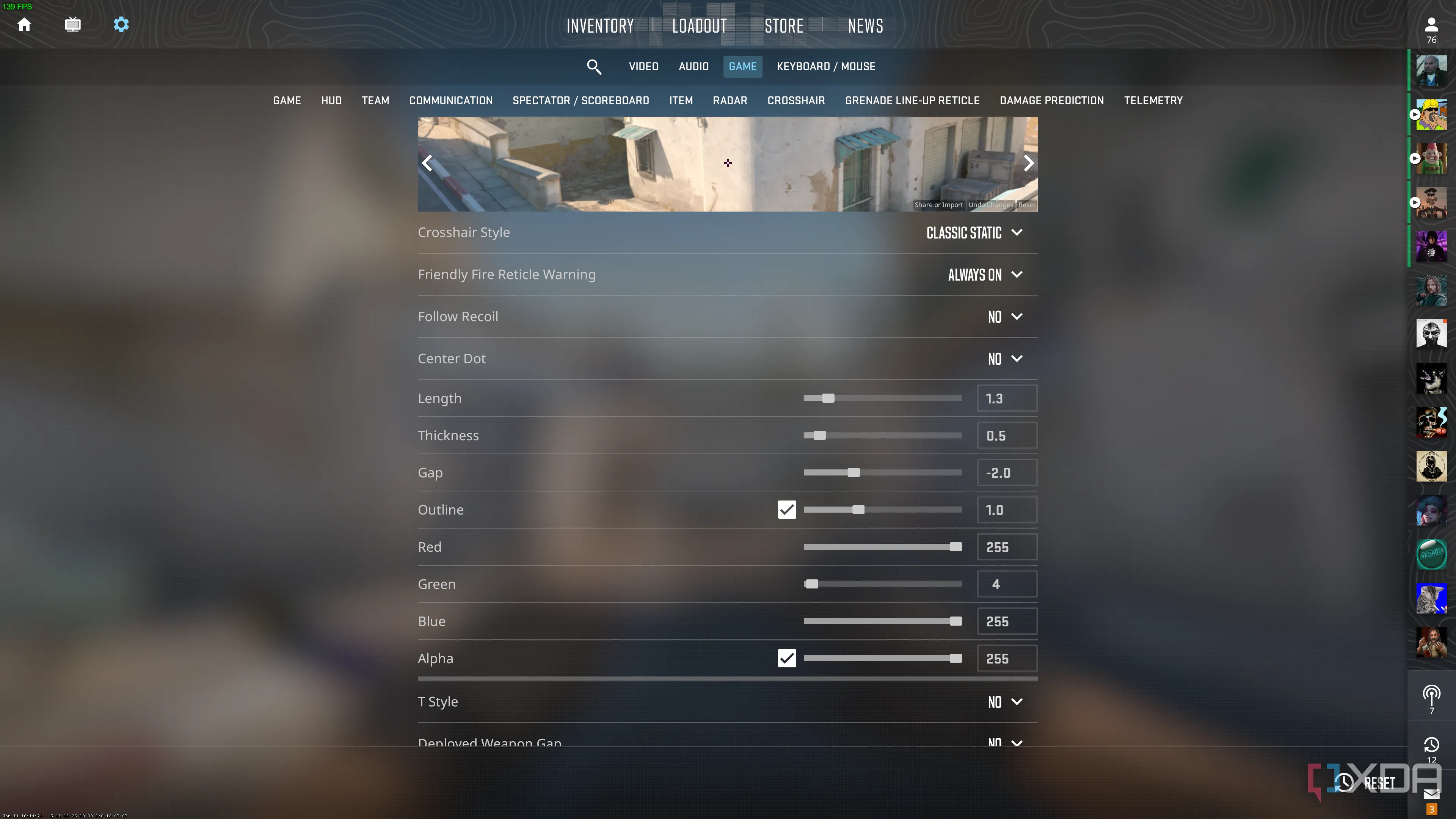 Tâm ngắm (crosshair) tùy chỉnh trong game Counter-Strike 2, giúp người chơi dễ dàng ngắm bắn chính xác.