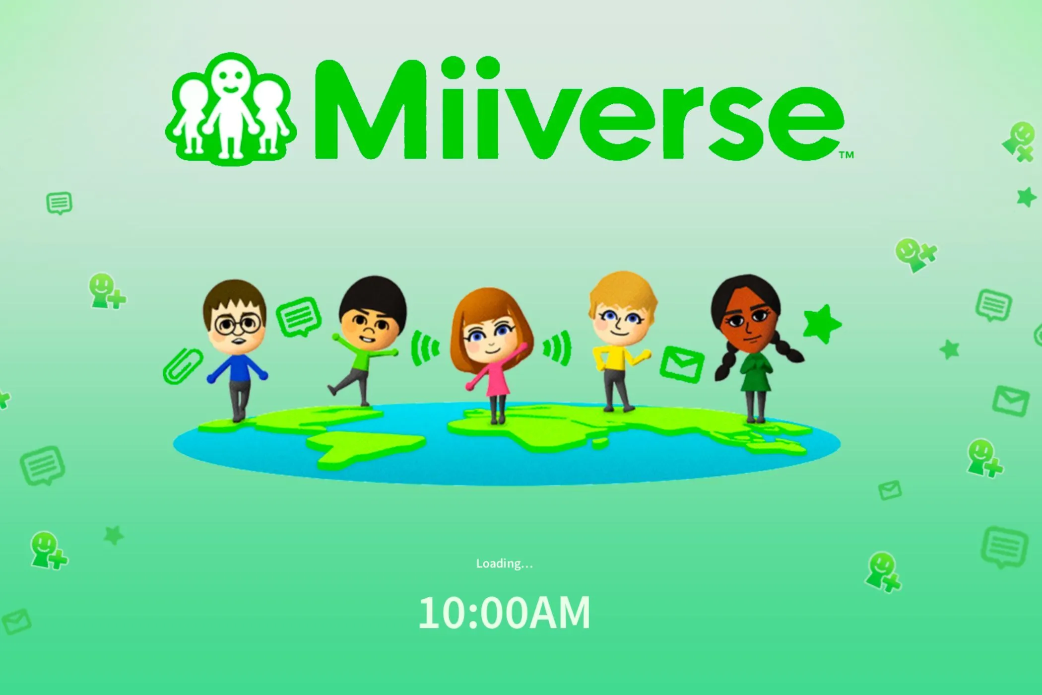 Tấm thẻ quảng cáo ý tưởng Miiverse trên Nintendo Switch 2 với các Mii vui nhộn.