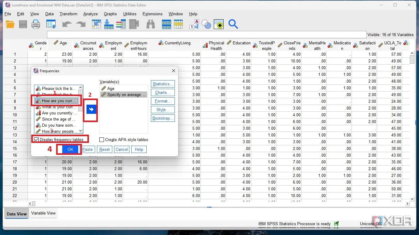 Tạo bảng tần suất trong SPSS bằng cách chọn biến và di chuyển sang ô Variables