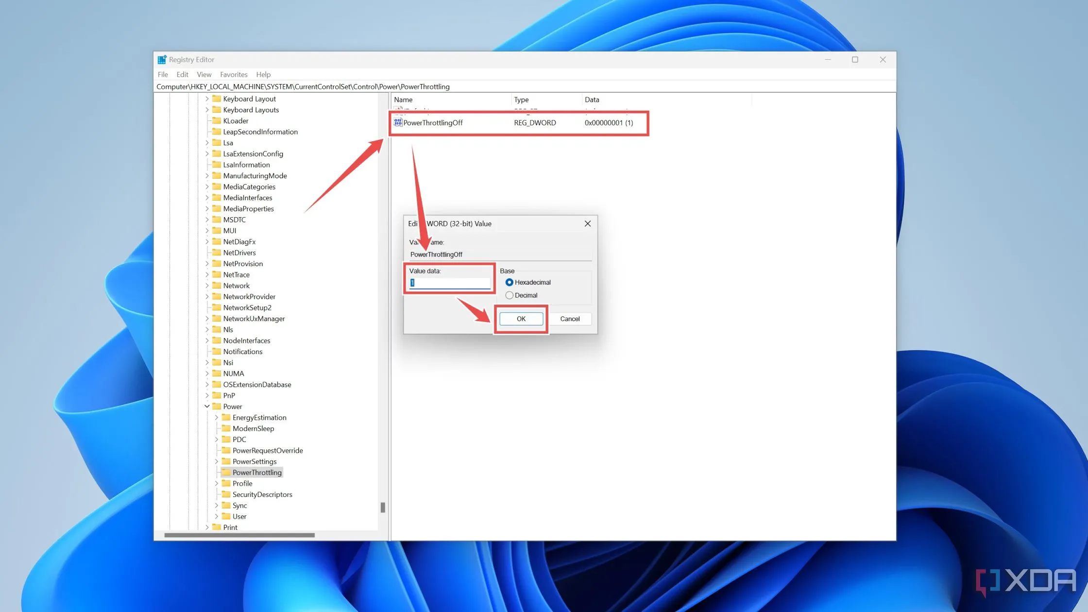 Tạo DWORD PowerThrottlingOff trong Registry Editor để tắt tính năng điều tiết năng lượng CPU