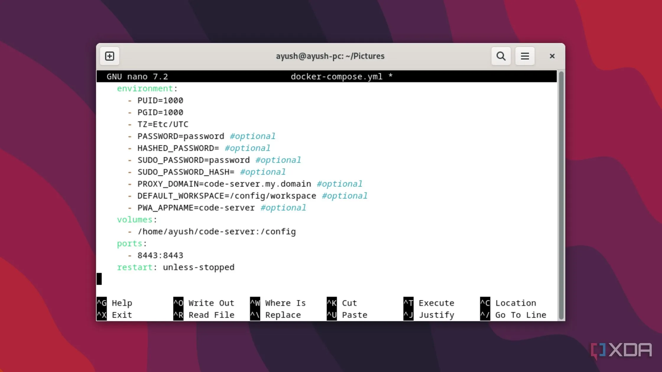 Tạo file docker-compose.yml để triển khai Code-Server bằng Docker, minh họa quy trình container hóa.