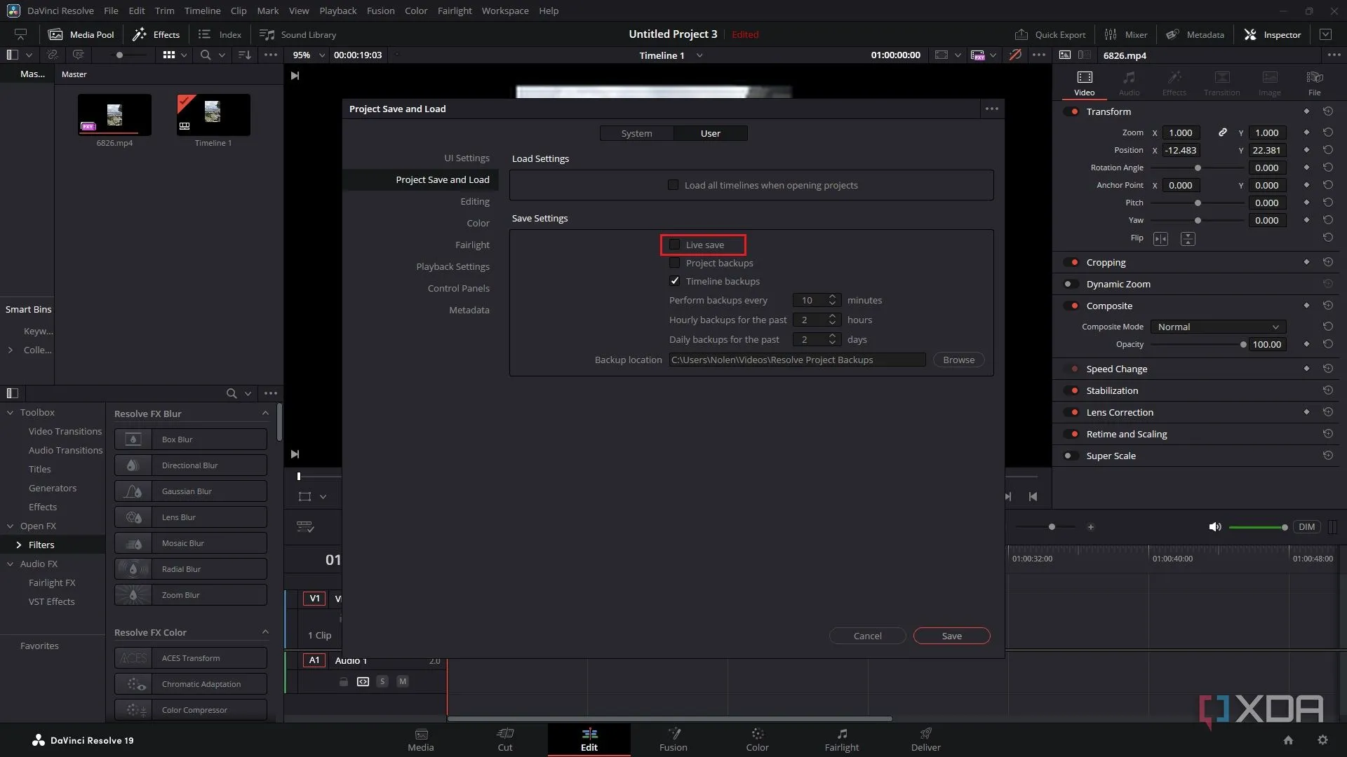 Tắt tính năng Live Save trong DaVinci Resolve