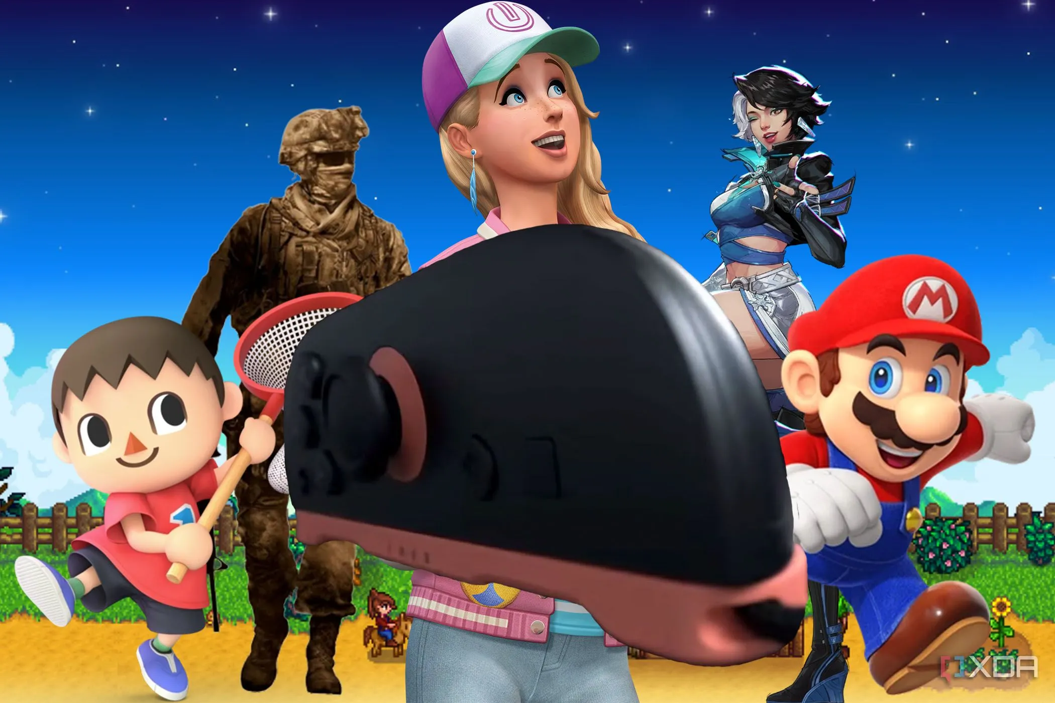 Tay cầm Joy-Con của Nintendo Switch 2 được bao quanh bởi các nhân vật game nổi tiếng, tượng trưng cho khả năng tương thích và trải nghiệm chơi game đa dạng trên console cầm tay thế hệ mới.