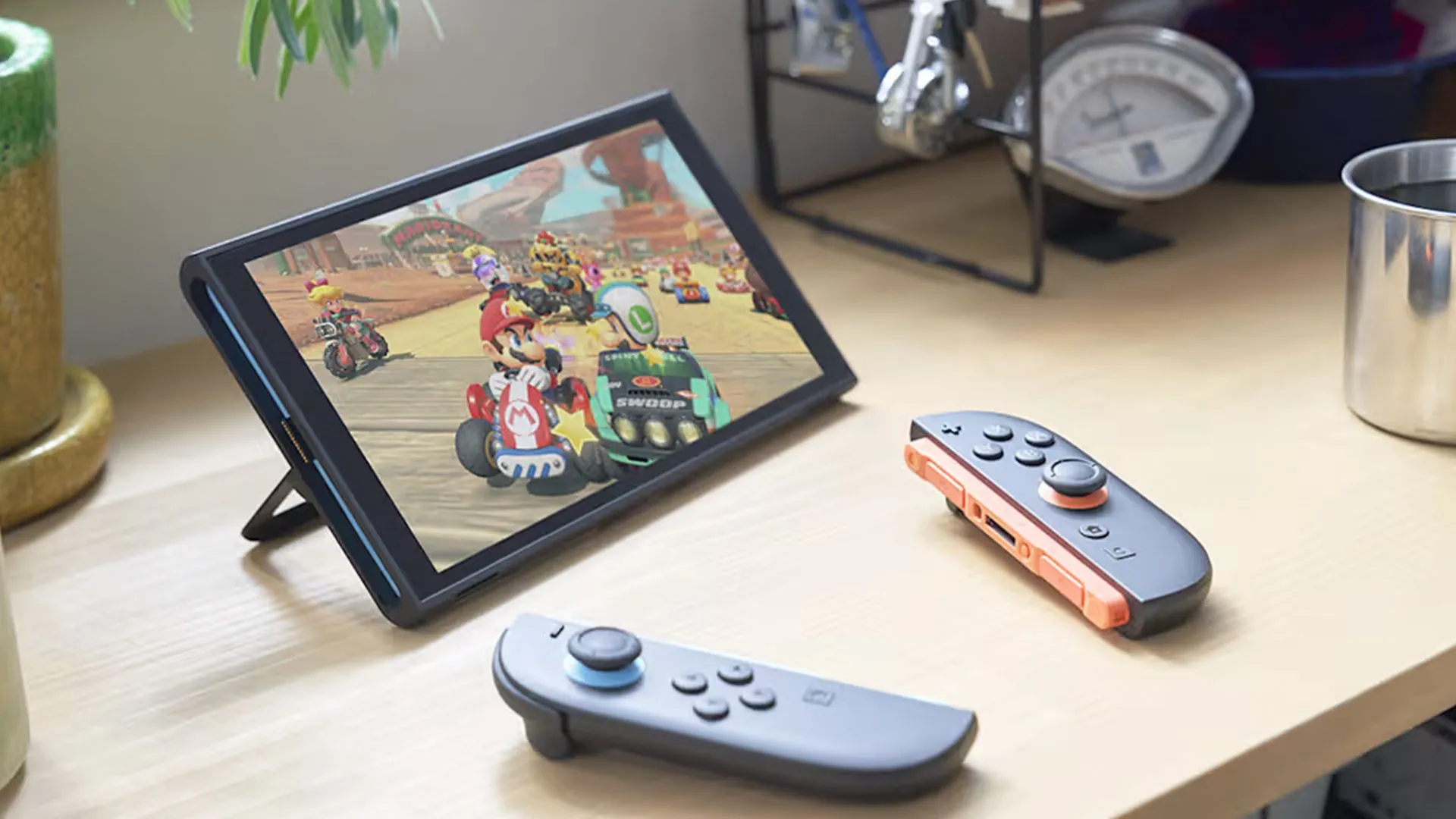 Tay cầm Joy-Con màu đỏ và xanh lam, phụ kiện đi kèm theo máy Nintendo Switch 2.