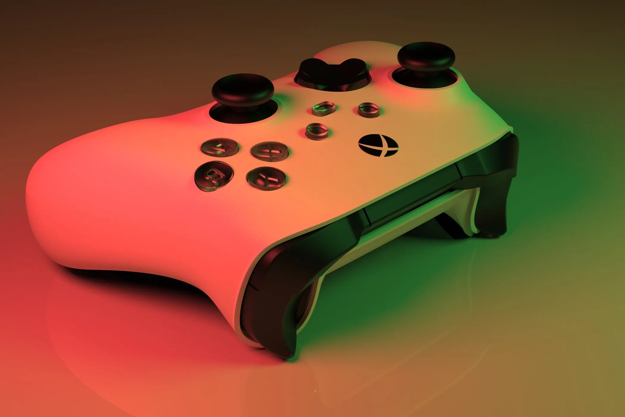 Tay cầm Xbox Series X màu trắng dưới ánh đèn đỏ và xanh, tượng trưng cho trải nghiệm chơi game console