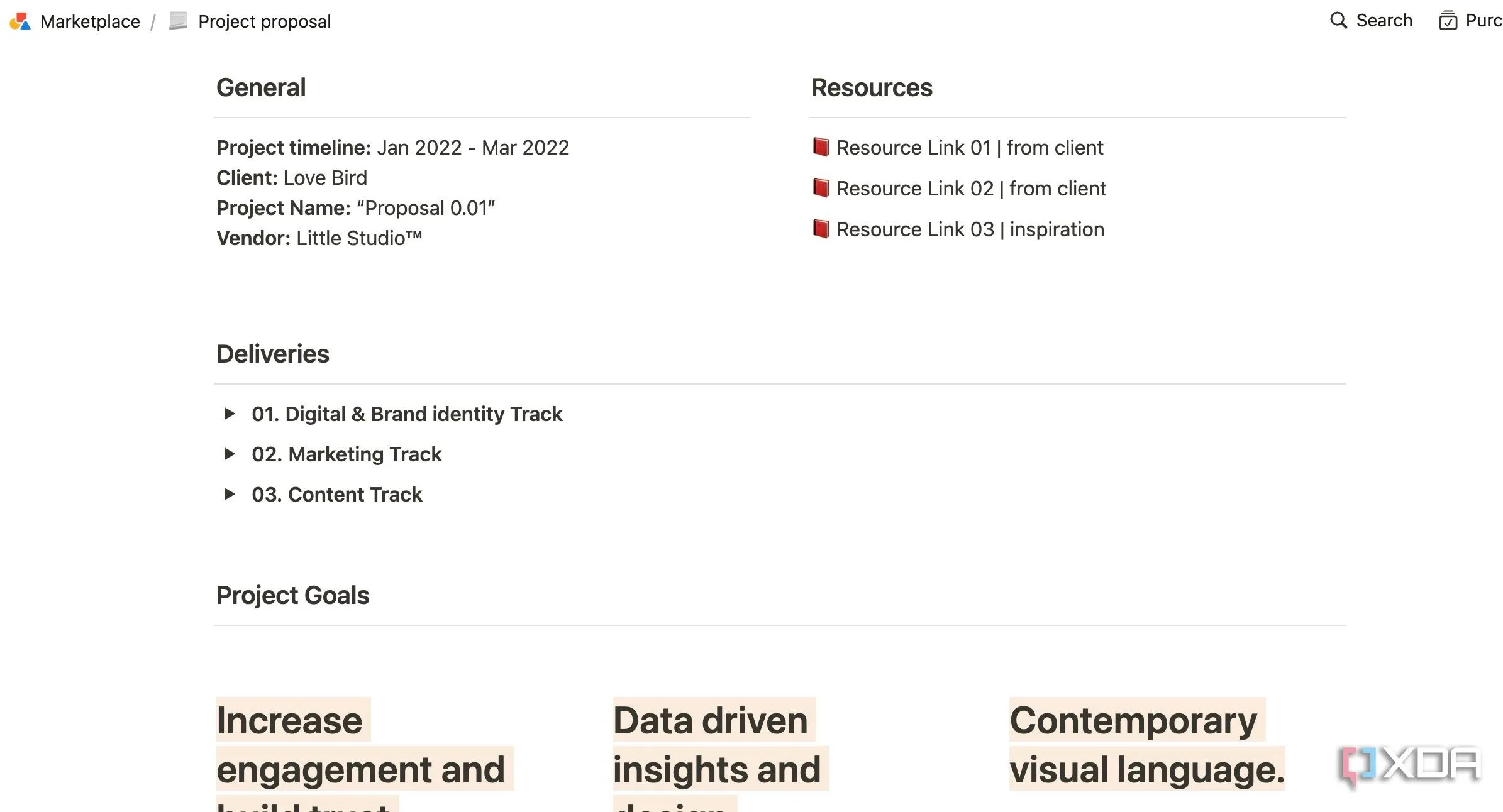 Template 'Project proposal' (Đề xuất dự án) của Notion, hỗ trợ lập kế hoạch chi tiết cho dự án mới.
