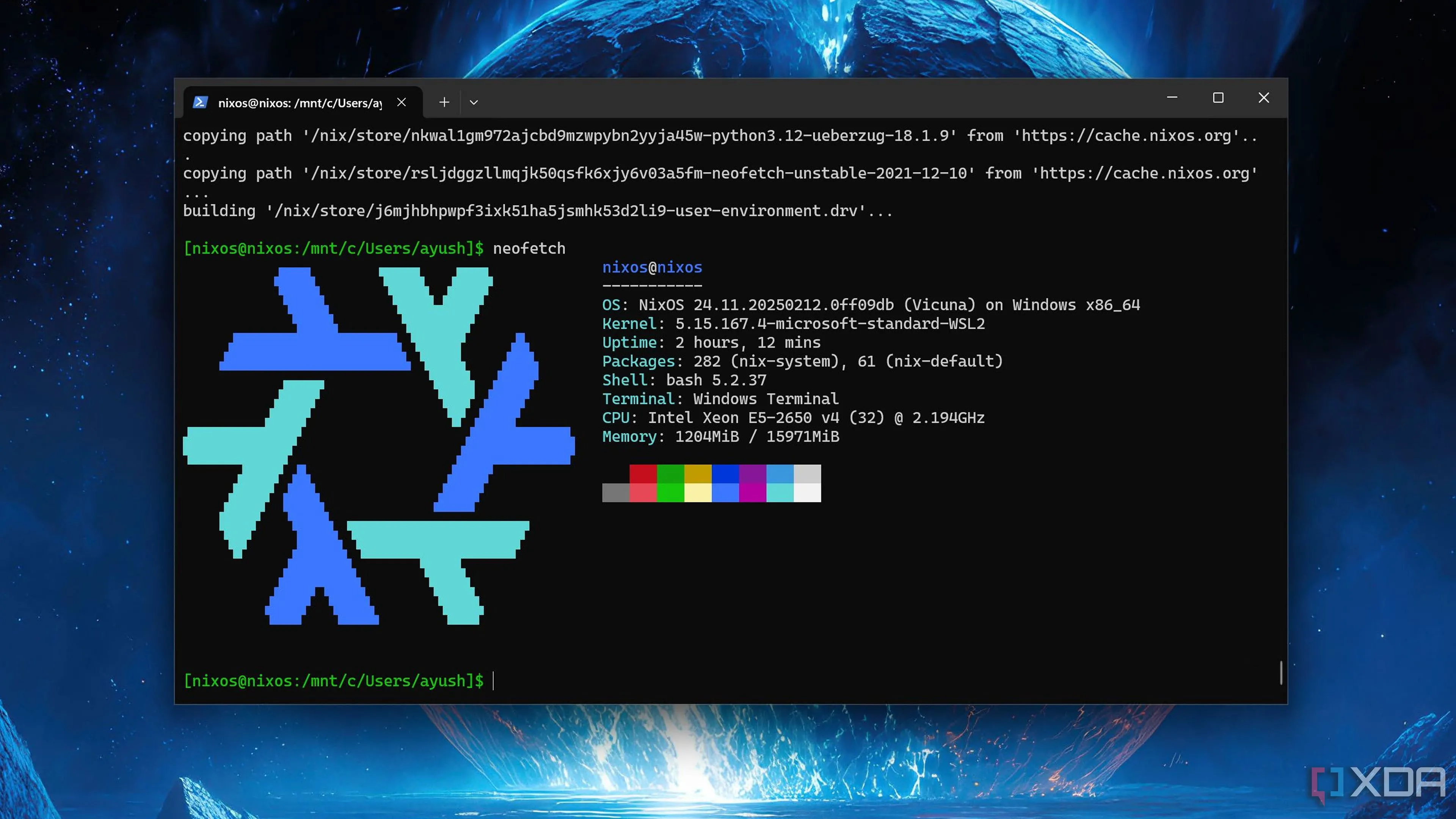 Terminal hiển thị NixOS đang chạy trong WSL, với các dòng lệnh cấu hình hệ thống