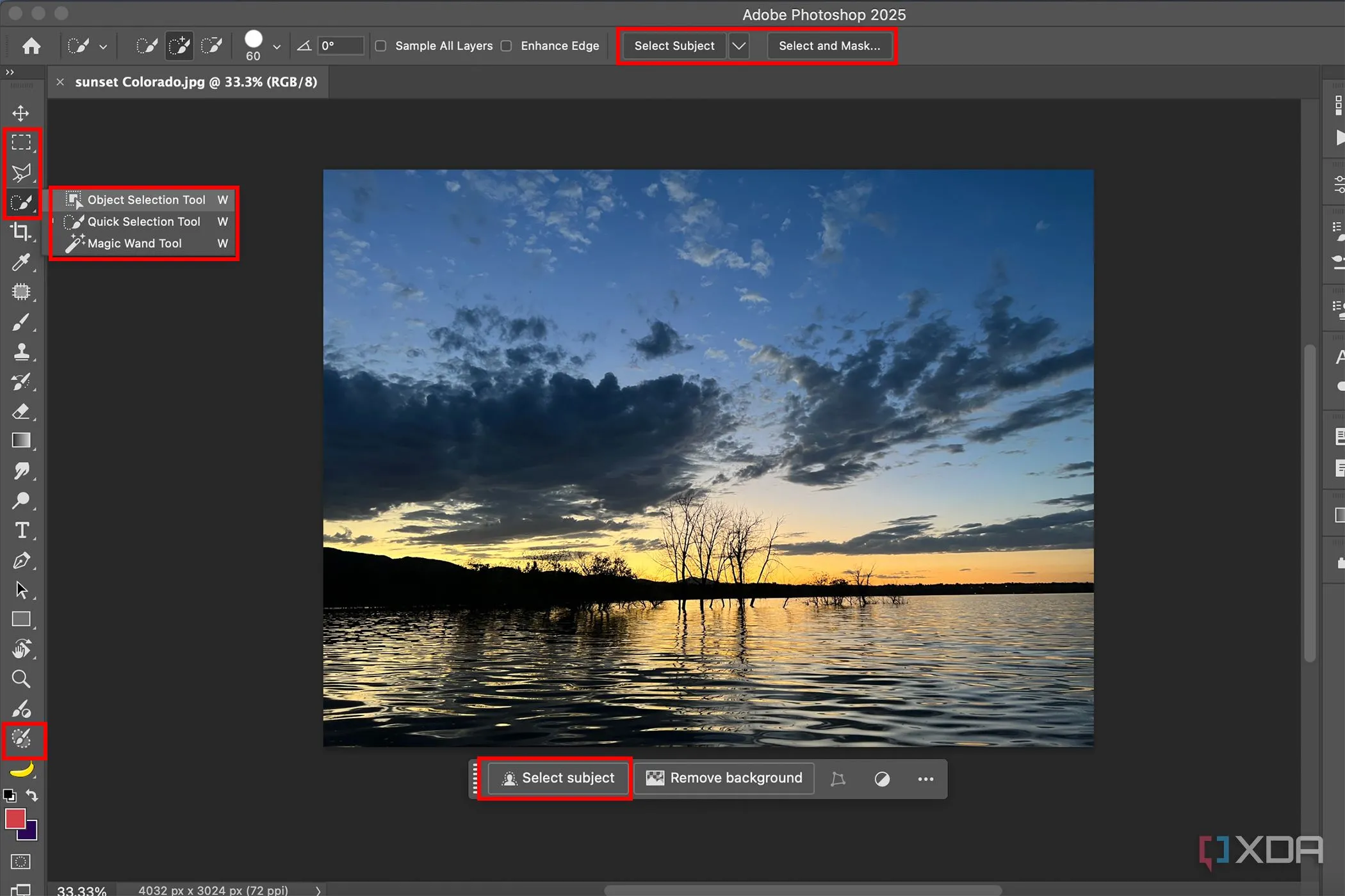 Thanh công cụ Photoshop hiển thị đa dạng các công cụ chọn vùng, từ chọn nhanh đến lựa chọn thông minh AI.