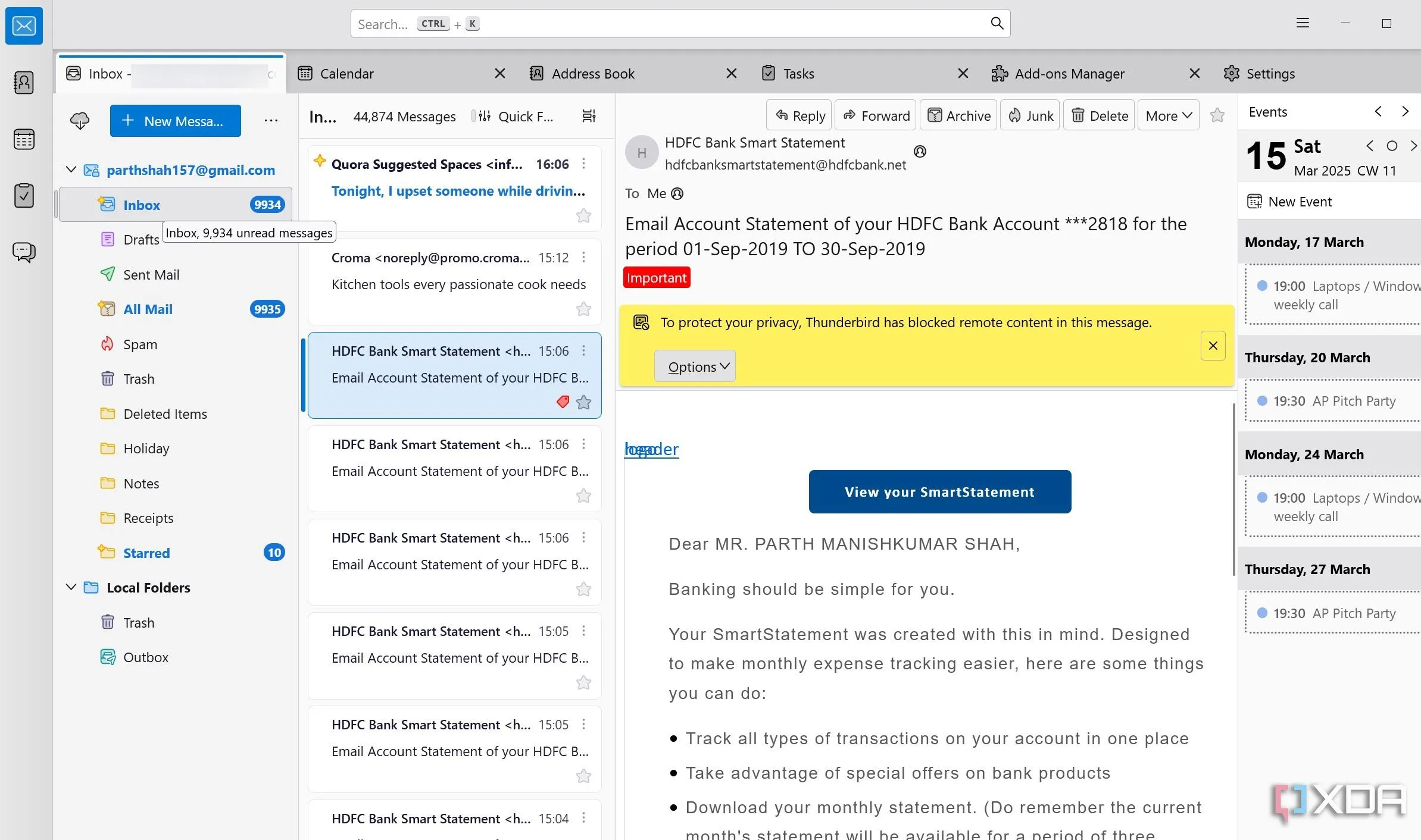 Thanh menu chính của Thunderbird với tính năng hộp thư hợp nhất, cho phép quản lý nhiều tài khoản email tập trung và tiện lợi.