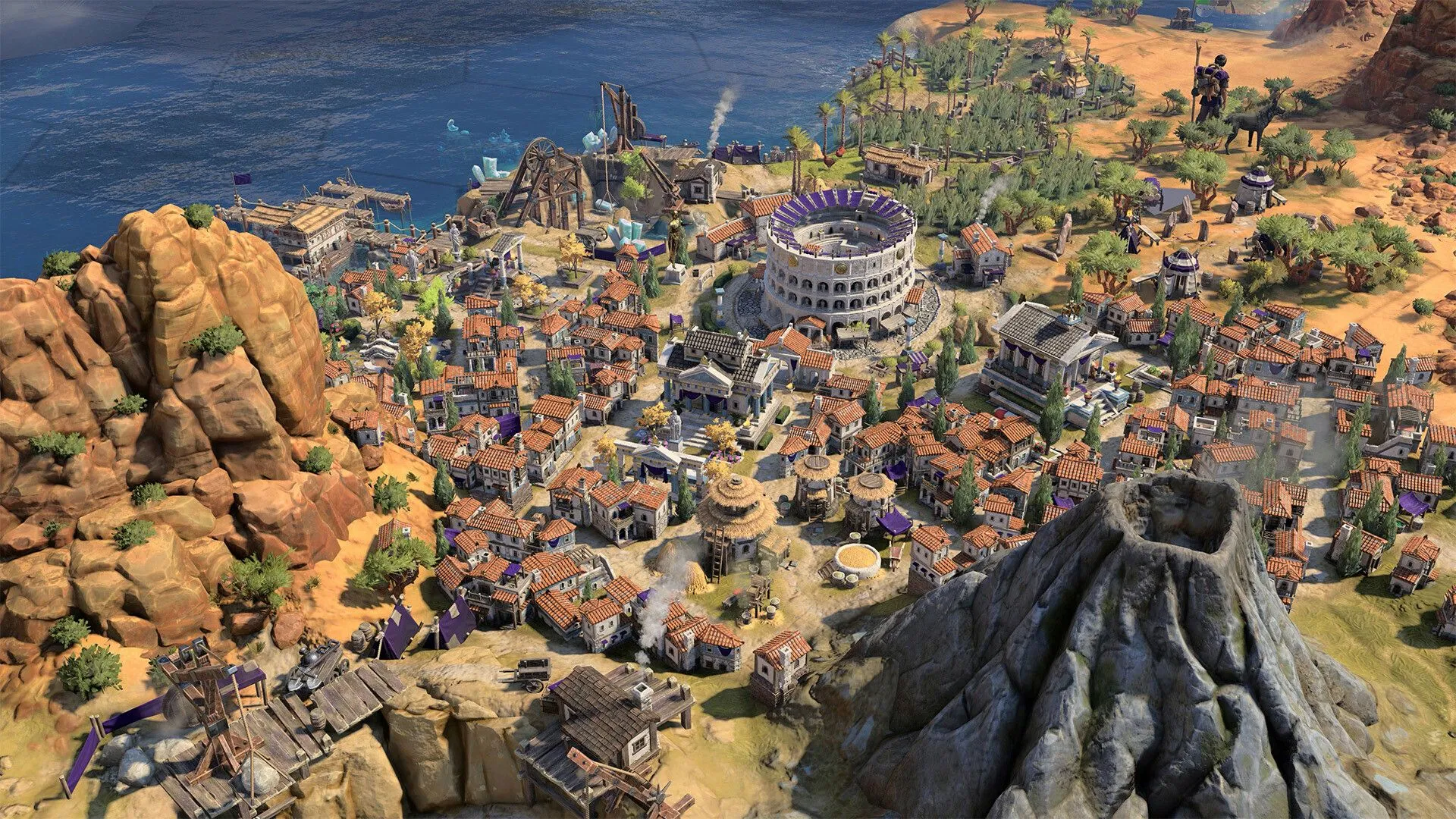 Thành phố cổ đại với kiến trúc ấn tượng bên bờ biển trong Civilization VII