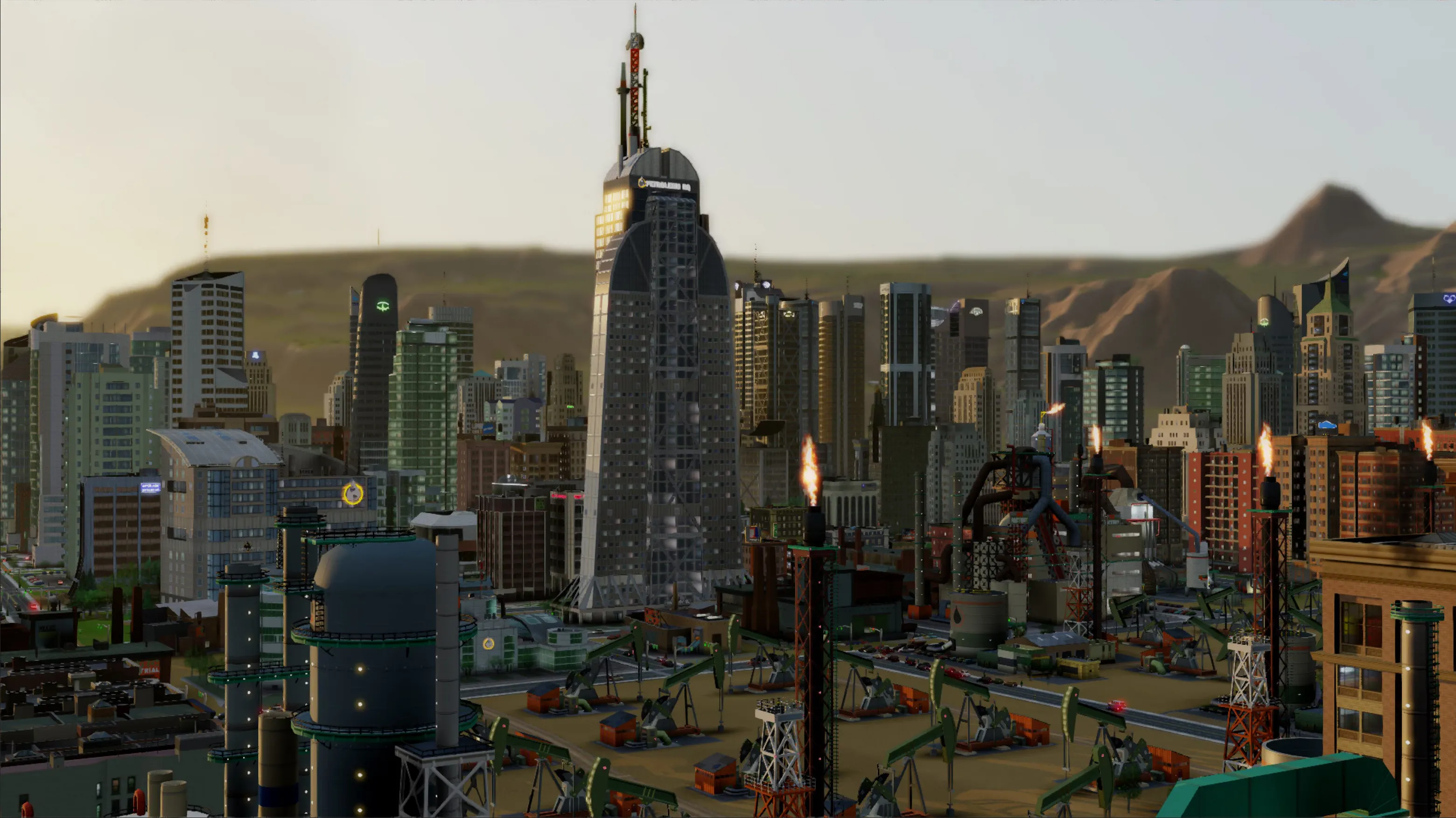 Thành phố trong SimCity (2013) với giao diện người dùng, minh họa cho vấn đề kết nối luôn trực tuyến.