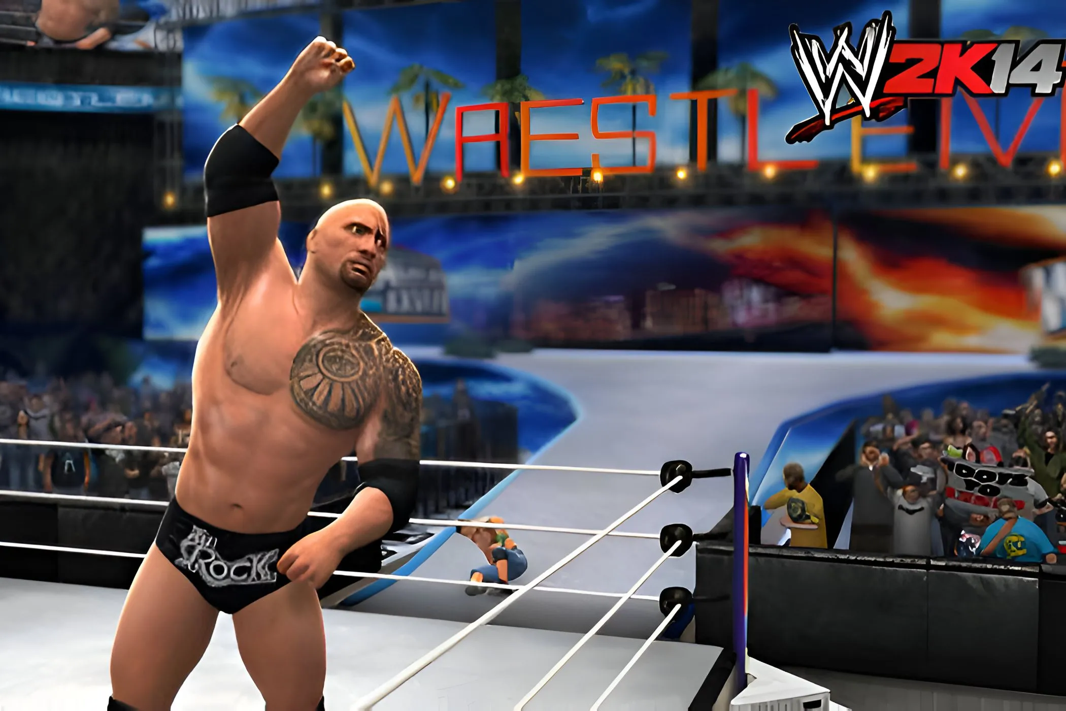 The Rock đang giơ tay chào khán giả trong game WWE 2K14