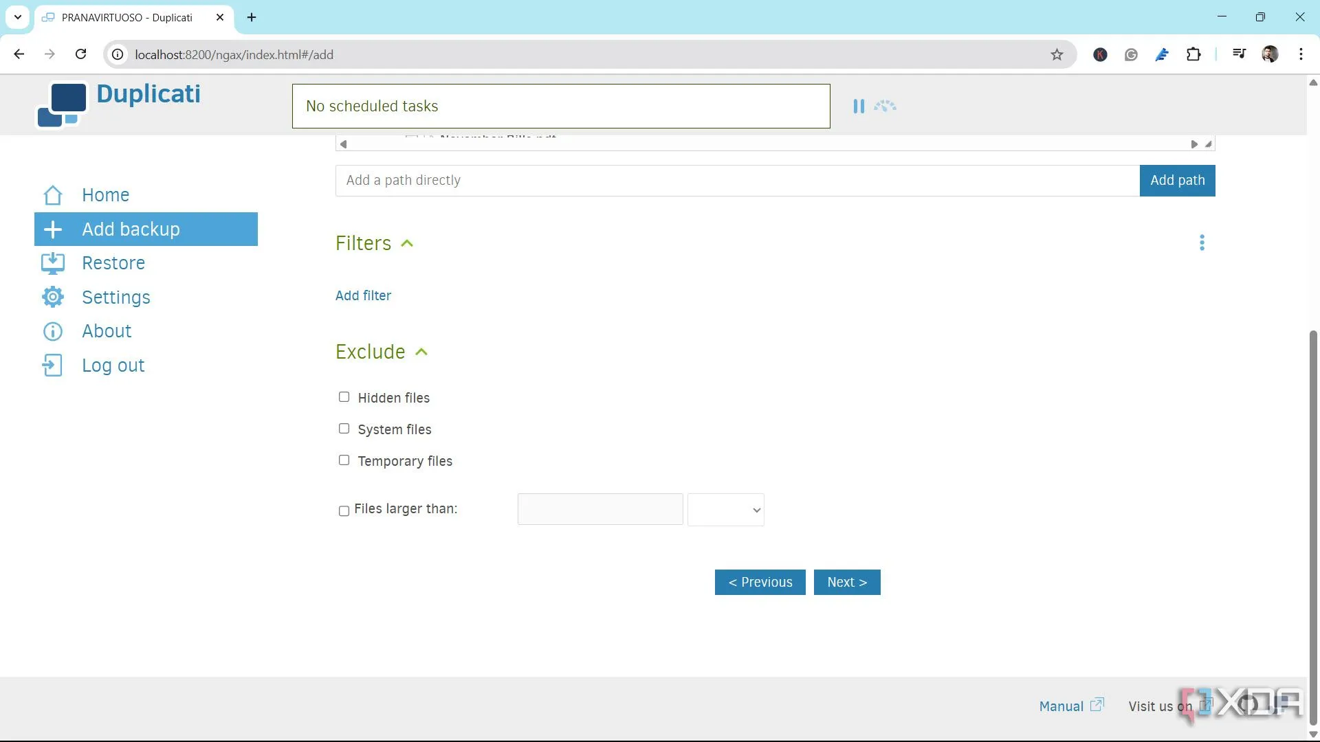 Thêm bộ lọc và loại trừ tệp trong Duplicati