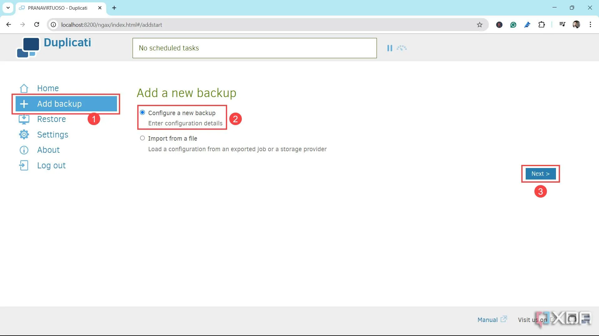 Thêm tác vụ sao lưu mới vào Duplicati