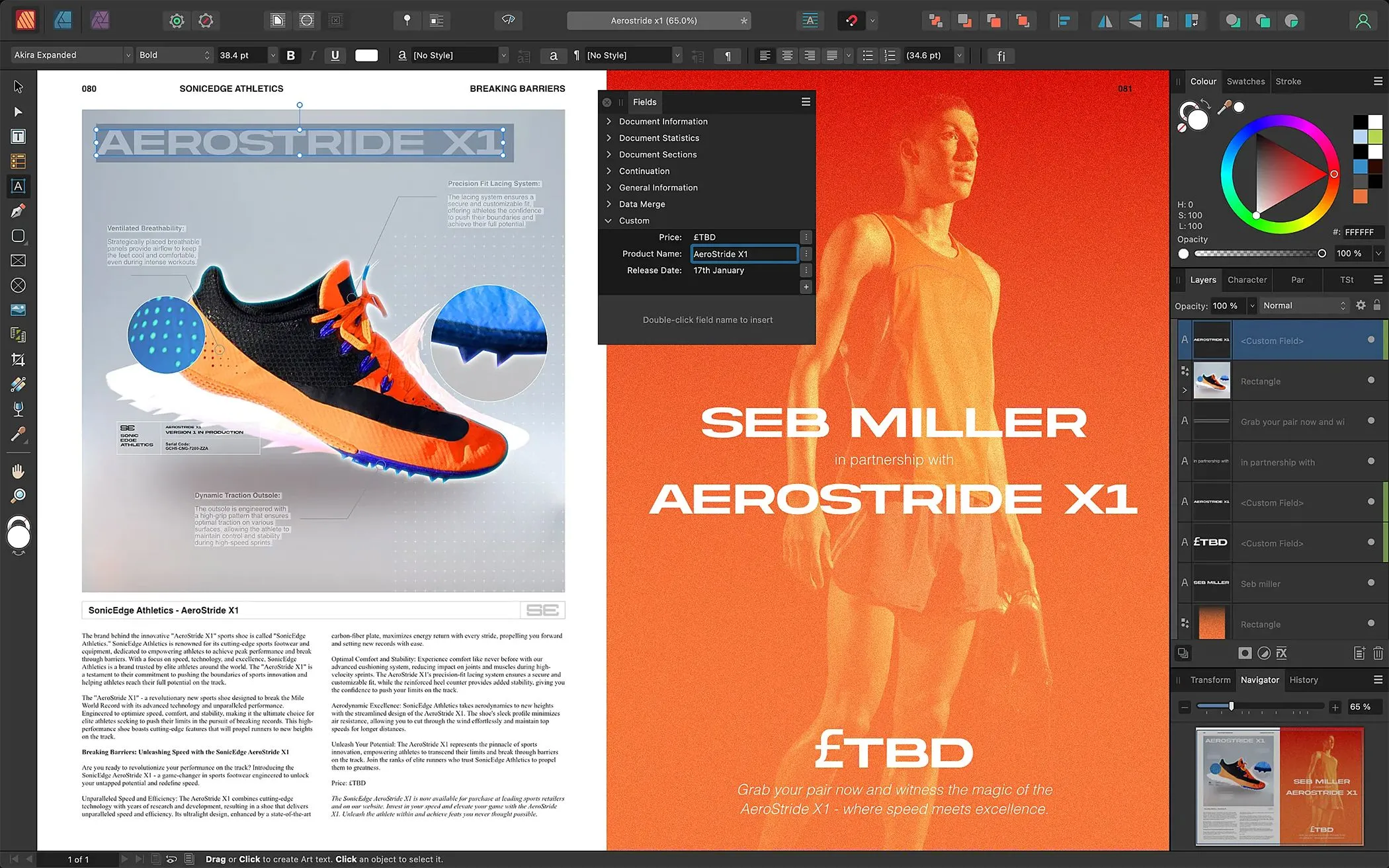 Thiết kế bố cục dàn trang trên Affinity Publisher với văn bản động, minh họa khả năng của phần mềm