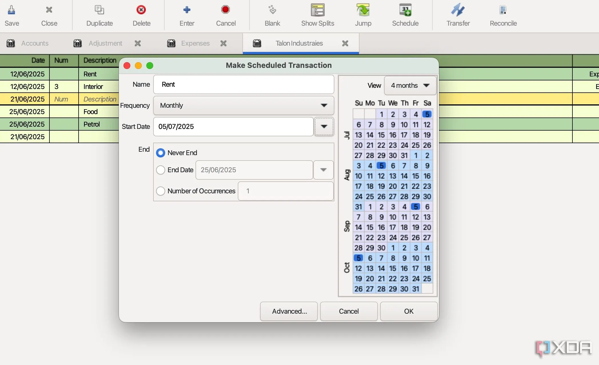 Thiết lập các giao dịch định kỳ tự động trong phần mềm GnuCash