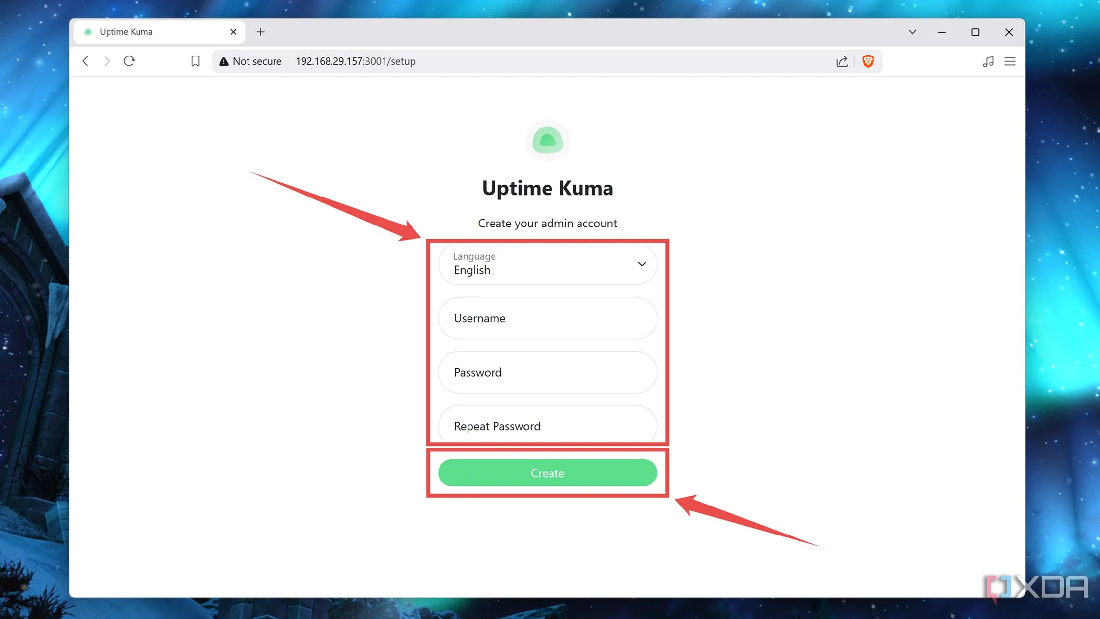 Thiết lập tài khoản người dùng và mật khẩu trên giao diện web Uptime Kuma
