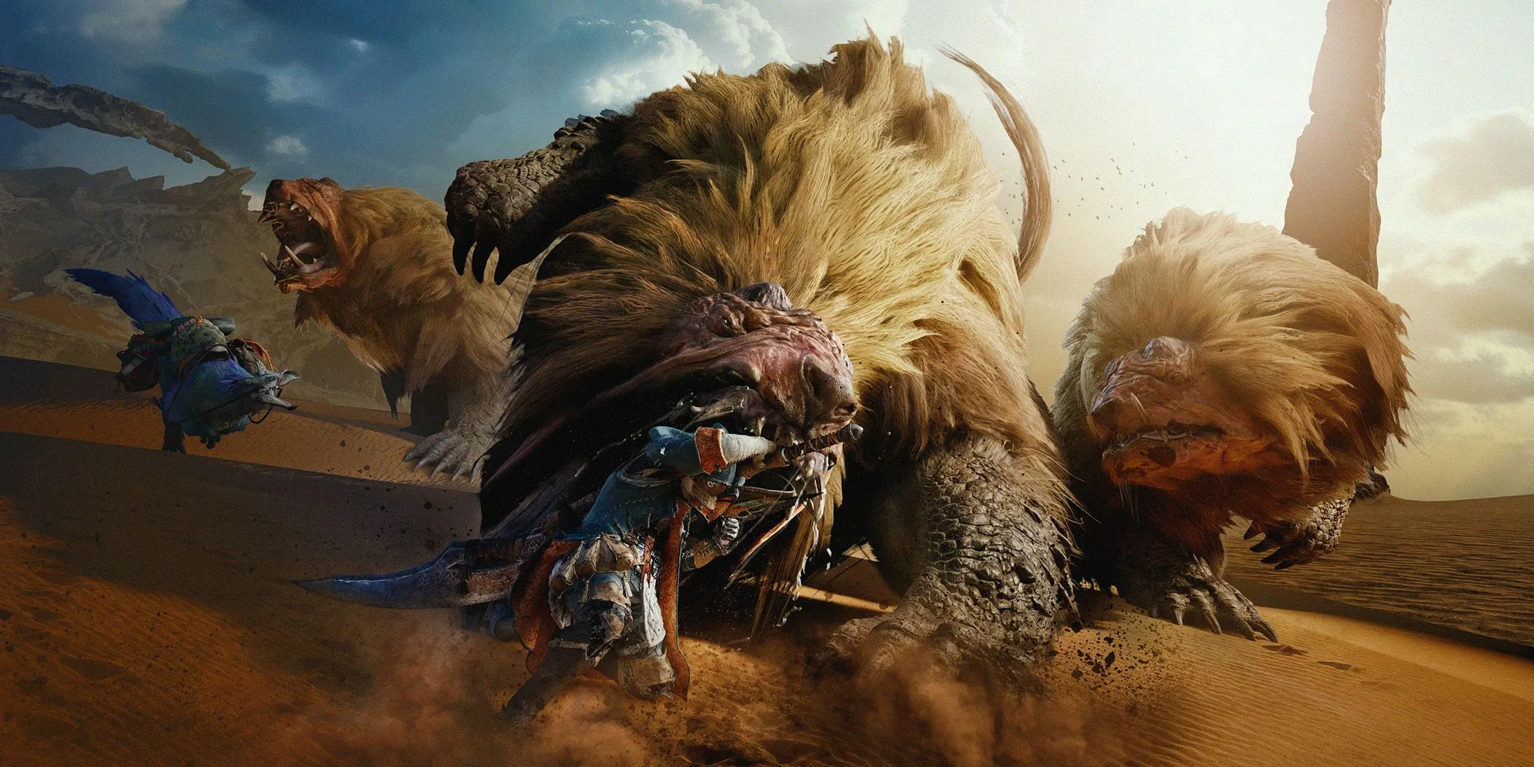 Thợ săn đang đối đầu với quái vật khổng lồ trong thế giới Monster Hunter Wilds