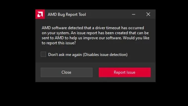 thông báo lỗi Driver Timeout trong phần mềm AMD Radeon Adrenalin
