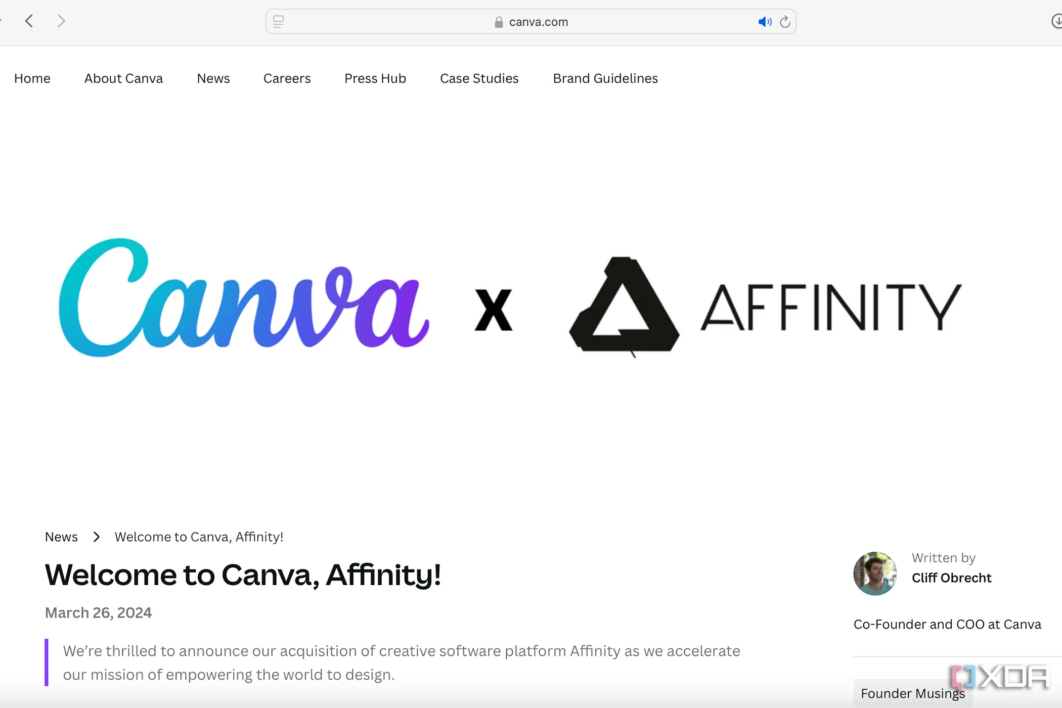 Thông báo sáp nhập giữa Canva và Affinity, biểu thị sự hợp tác chiến lược trong ngành phần mềm thiết kế