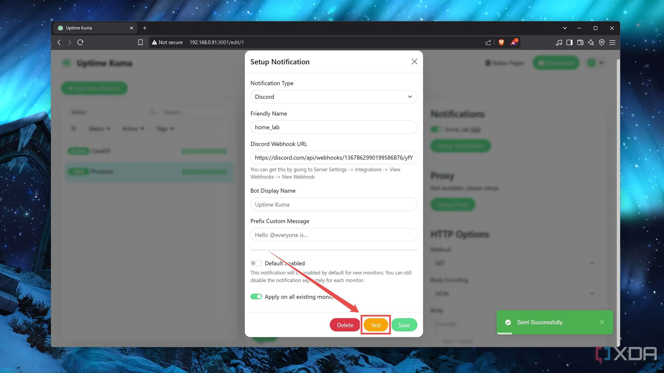 Thử nghiệm gửi thông báo từ Uptime Kuma để xác nhận cấu hình hoạt động