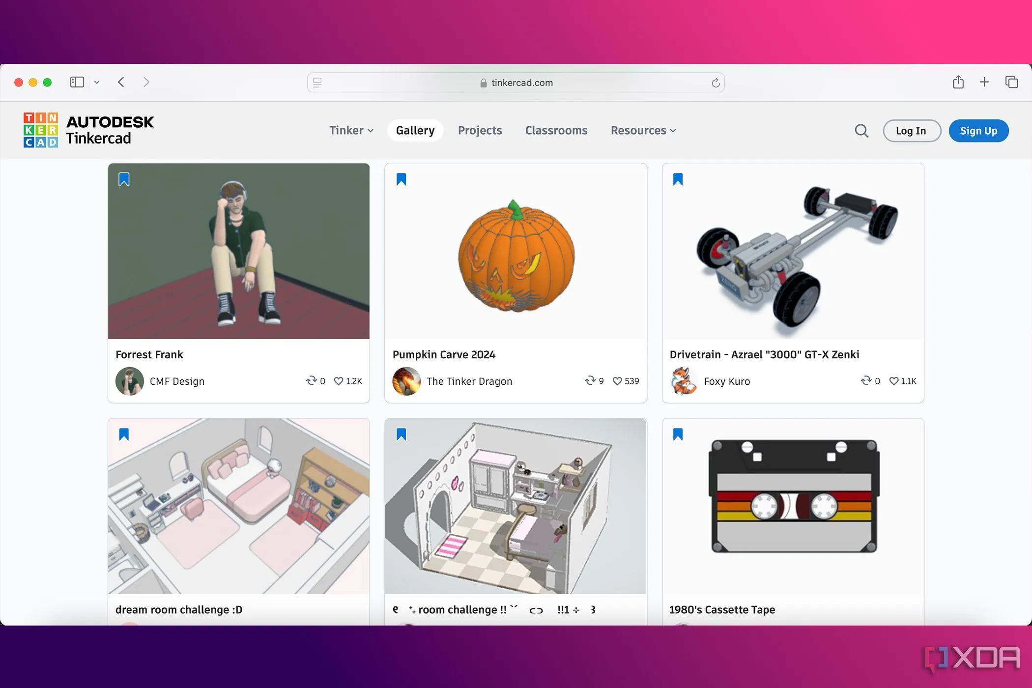 Thư viện dự án trong Autodesk TinkerCAD, cho thấy các mô hình 3D đơn giản và dễ tạo.