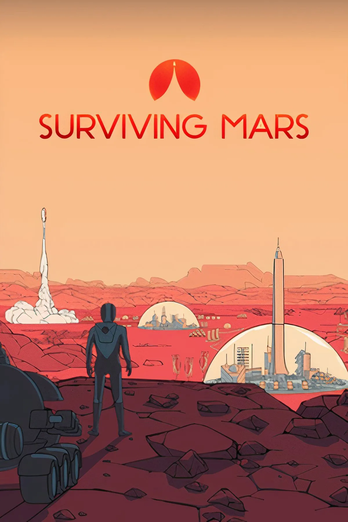 Thuộc địa của con người trên Sao Hỏa trong game Surviving Mars với các vòm che và cơ sở hạ tầng