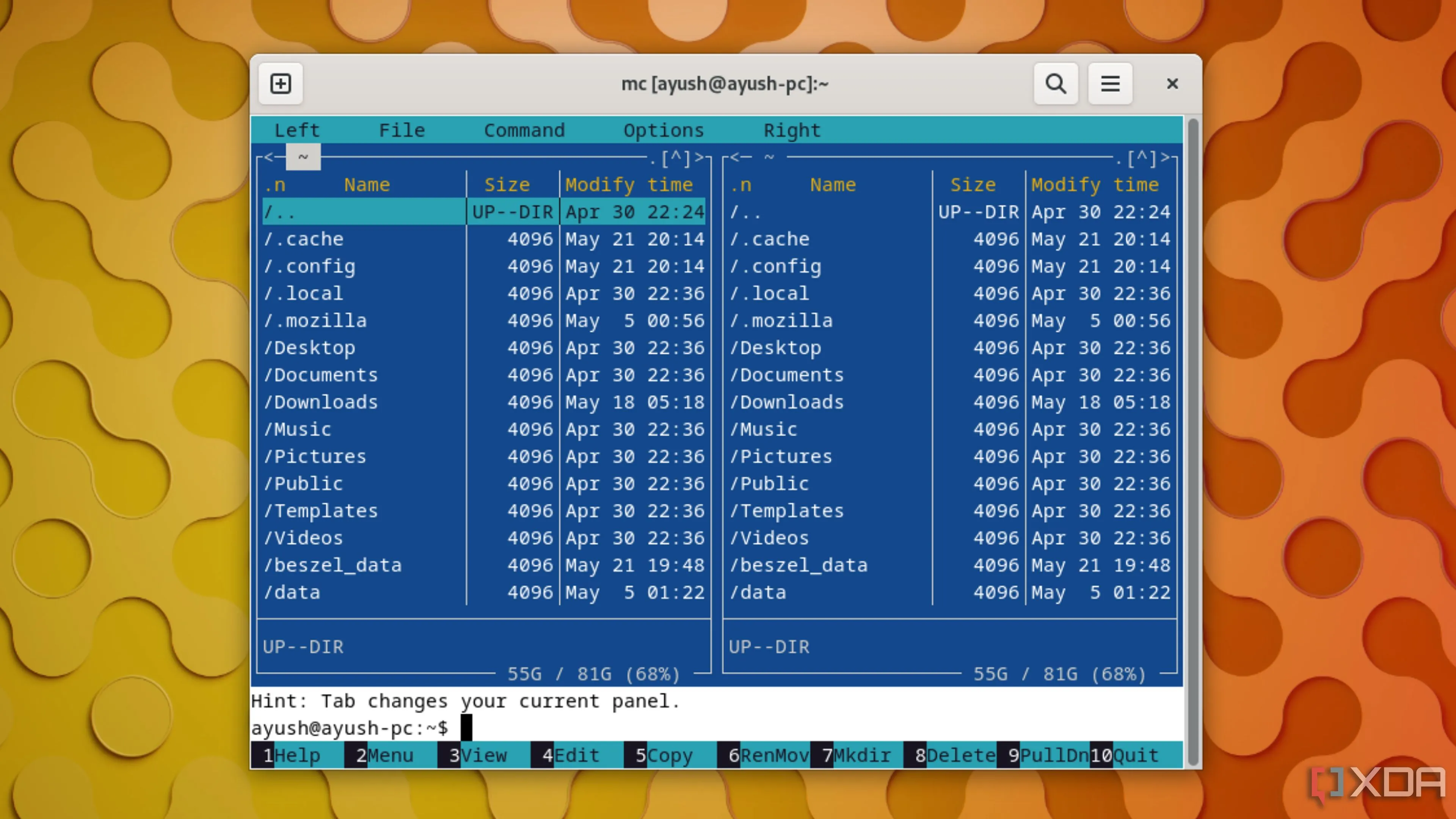 Tiện ích quản lý tệp Midnight Commander hoạt động trong terminal Linux