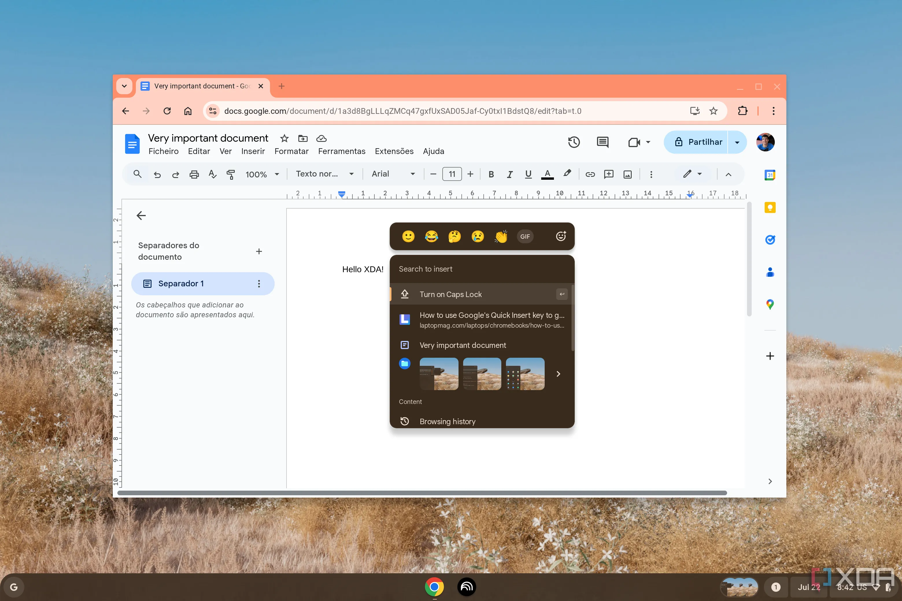 Tính năng Quick Insert của ChromeOS đang hoạt động trong Google Docs, gợi ý các emoji và tệp gần đây để chèn nhanh.