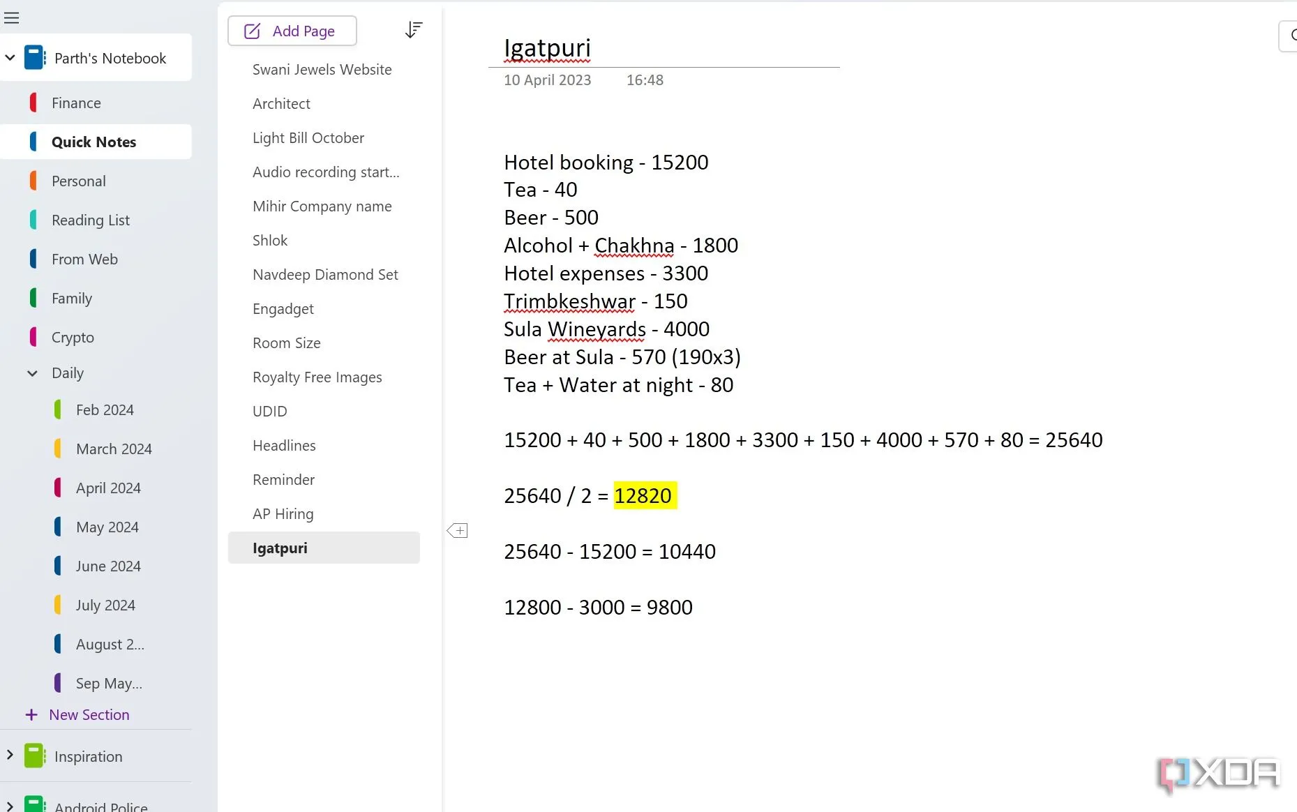 Tính năng thực hiện phép tính toán trực tiếp trong ghi chú OneNote