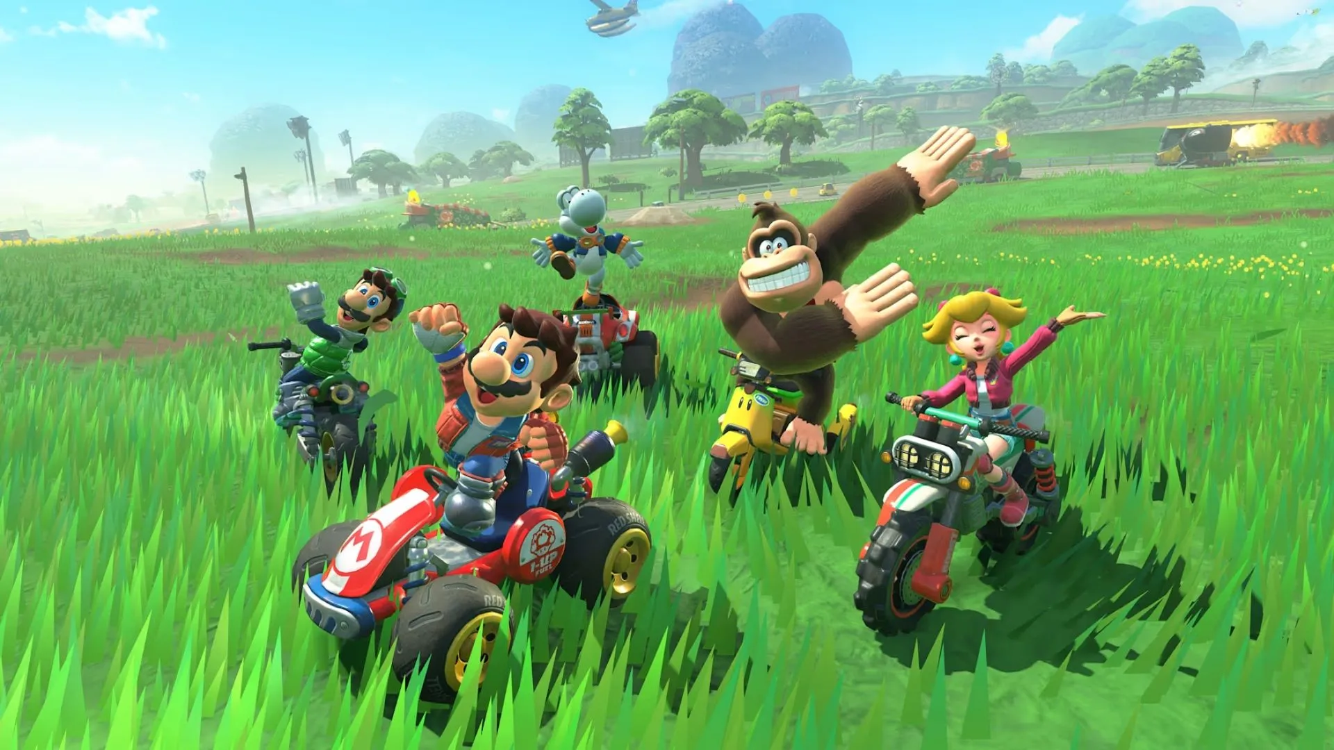 Toadette đang lái xe kart trên đường đua của Mario Kart World