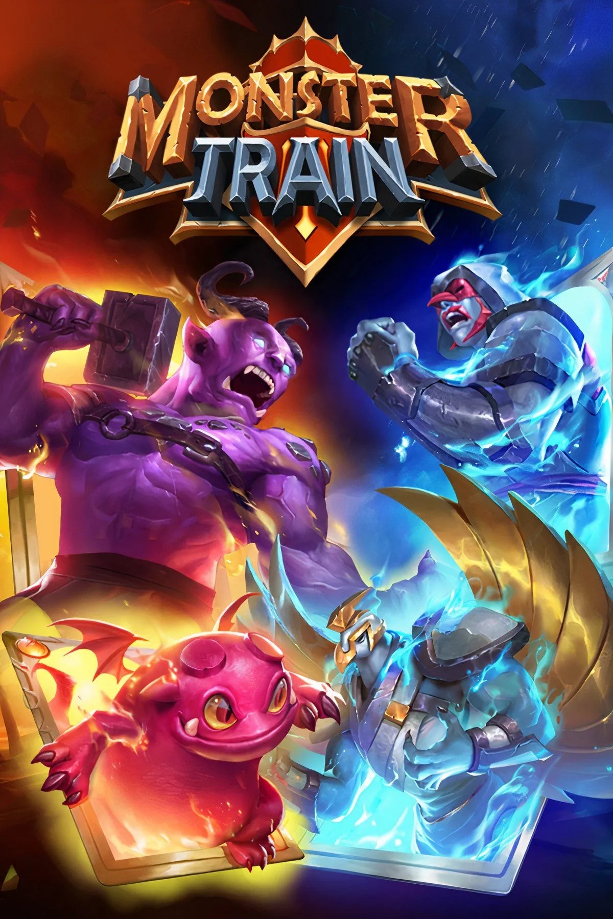 Tổng hợp các nhân vật và giao diện chiến đấu đặc trưng trong game Monster Train, minh họa lối chơi thẻ bài roguelike hấp dẫn