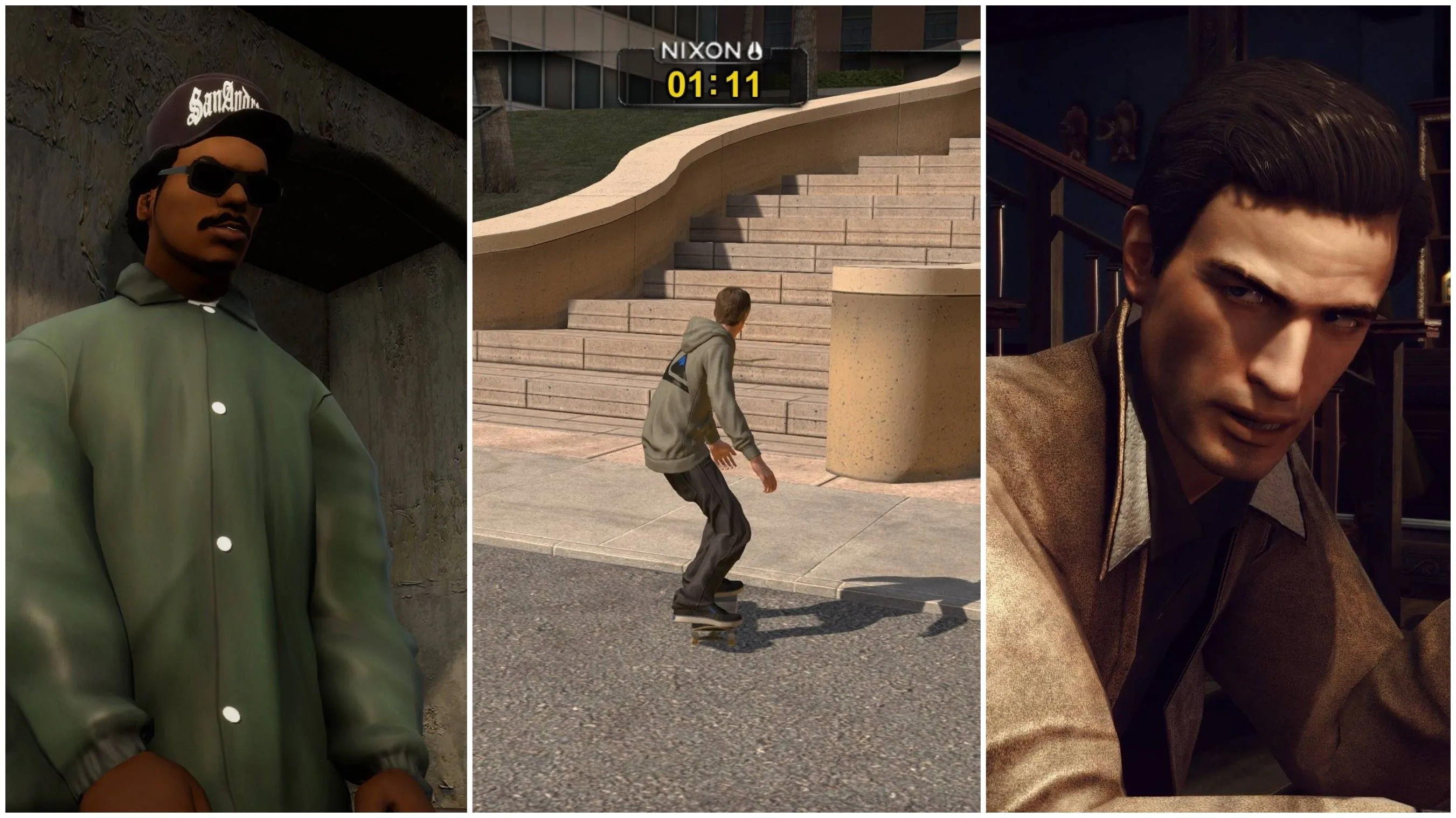 Tổng hợp hình ảnh các nhân vật game kinh điển như Ryder trong GTA San Andreas và Tony Hawk, minh họa cho chủ đề game được remake và remaster.