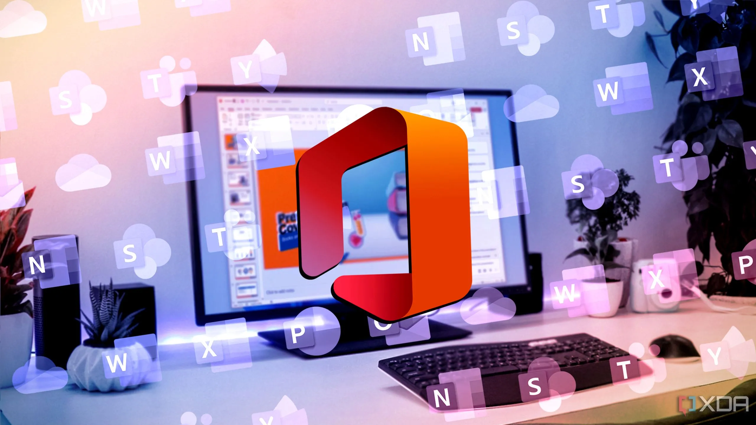 Tổng quan các biểu tượng Microsoft Office mới và cũ trên nền máy tính chạy PowerPoint, thể hiện sự thay đổi trong thiết kế ứng dụng văn phòng của Microsoft