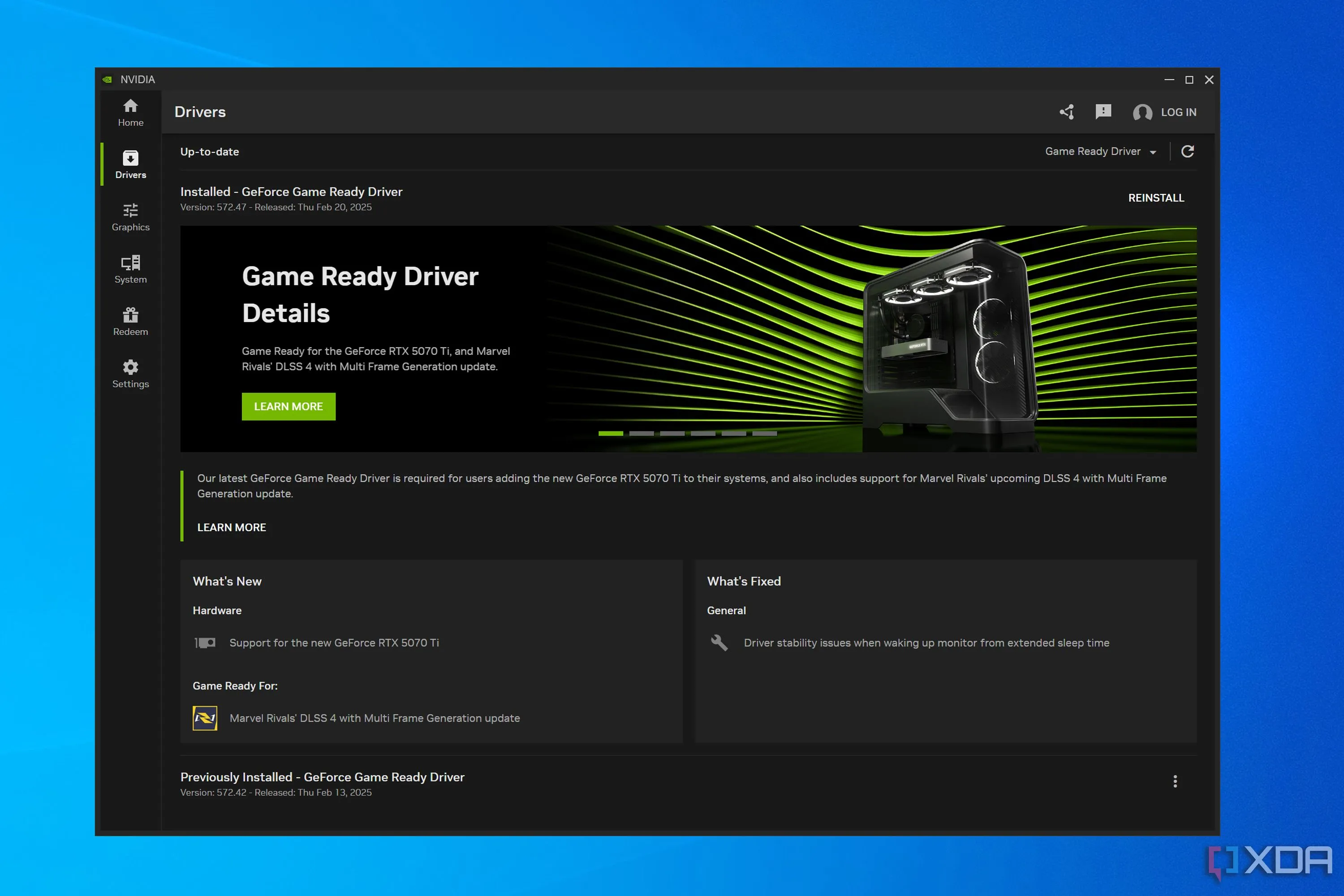 Trang cập nhật driver trong ứng dụng NVIDIA App, cho phép người dùng lựa chọn giữa Game Ready và Studio Driver.