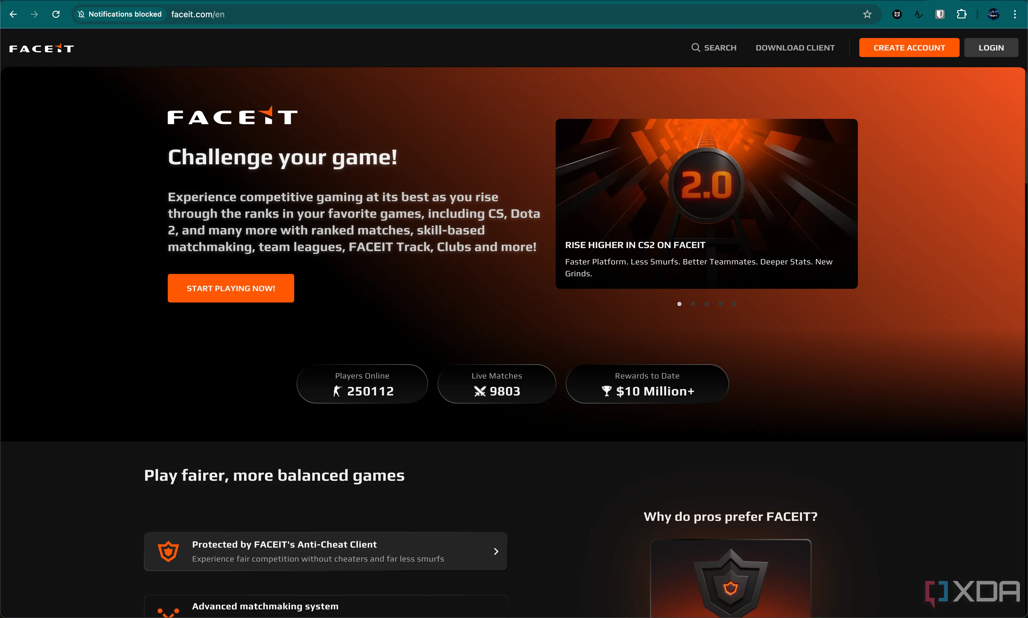 Trang chủ của nền tảng Faceit, một trong những lựa chọn matchmaking thay thế cho Counter-Strike 2.