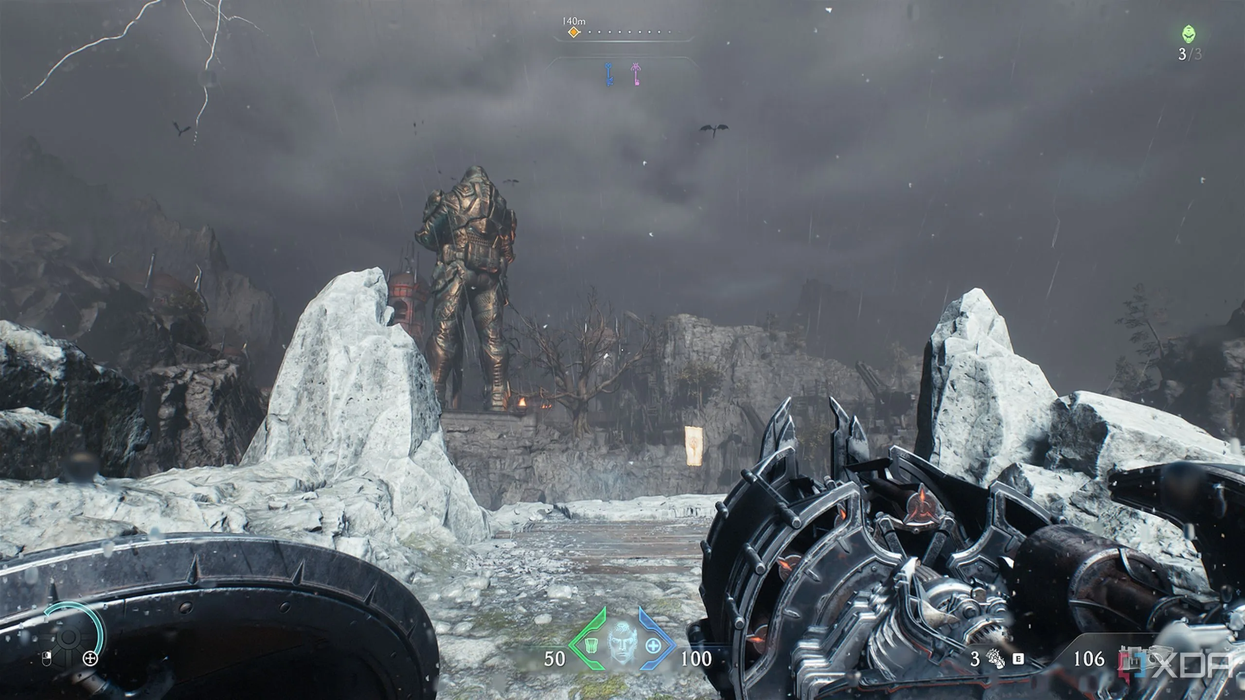 Trang Codex về Doom Slayer được đặt giữa hai mỏm đá cùng một bức tượng nhỏ