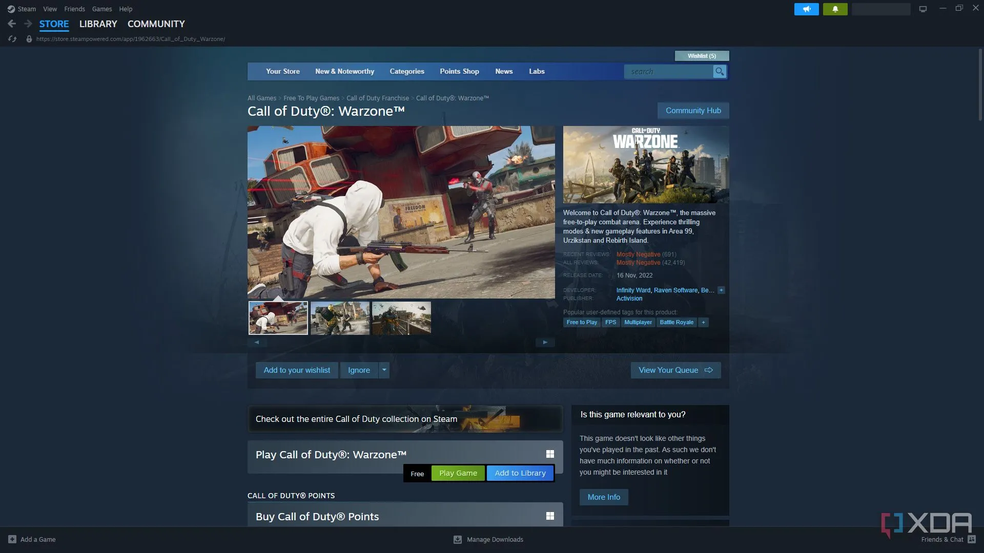 Trang game Call of Duty: Warzone trên Steam, minh họa một tựa game AAA có dung lượng lớn cần tính năng sao lưu