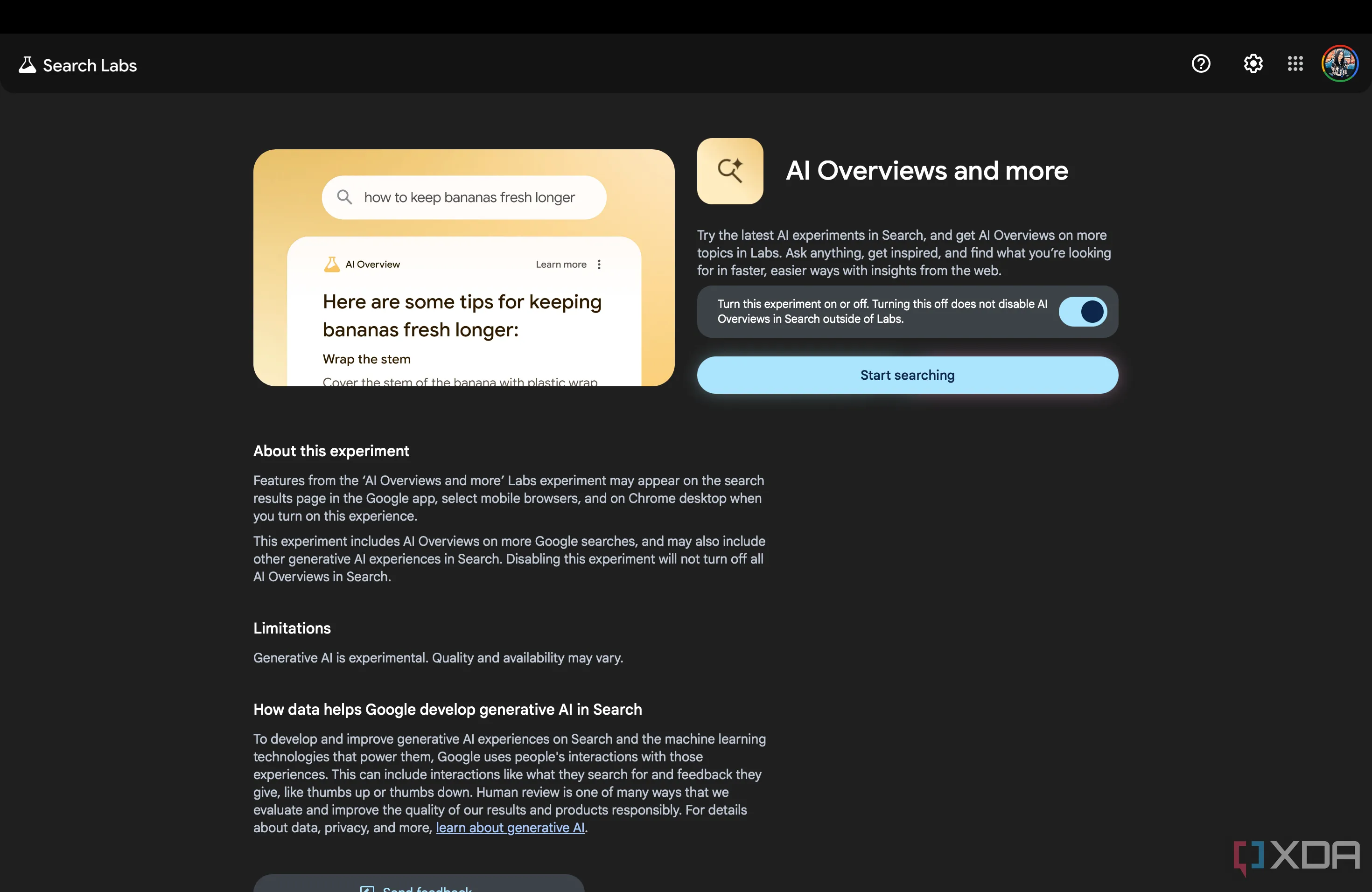 Trang Google Labs với tùy chọn bật/tắt các thử nghiệm AI, bao gồm Audio Overviews và AI Overviews trong Google Search