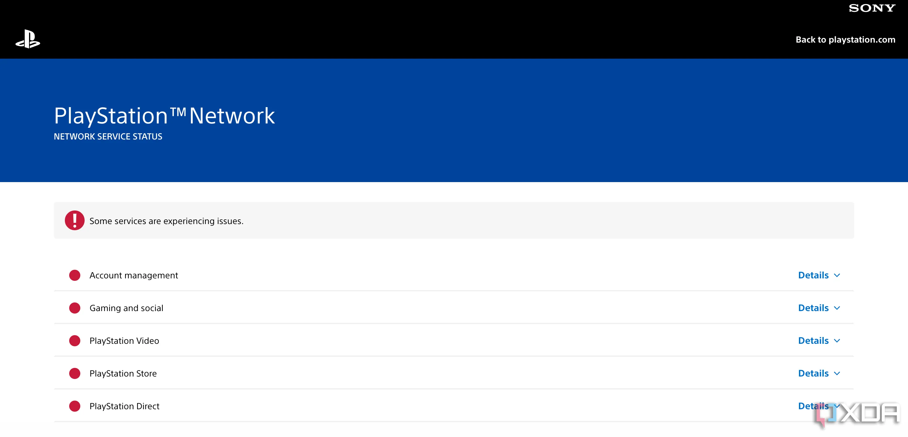 Trạng thái dịch vụ PlayStation Network hiển thị các dịch vụ đang gặp sự cố toàn cầu.