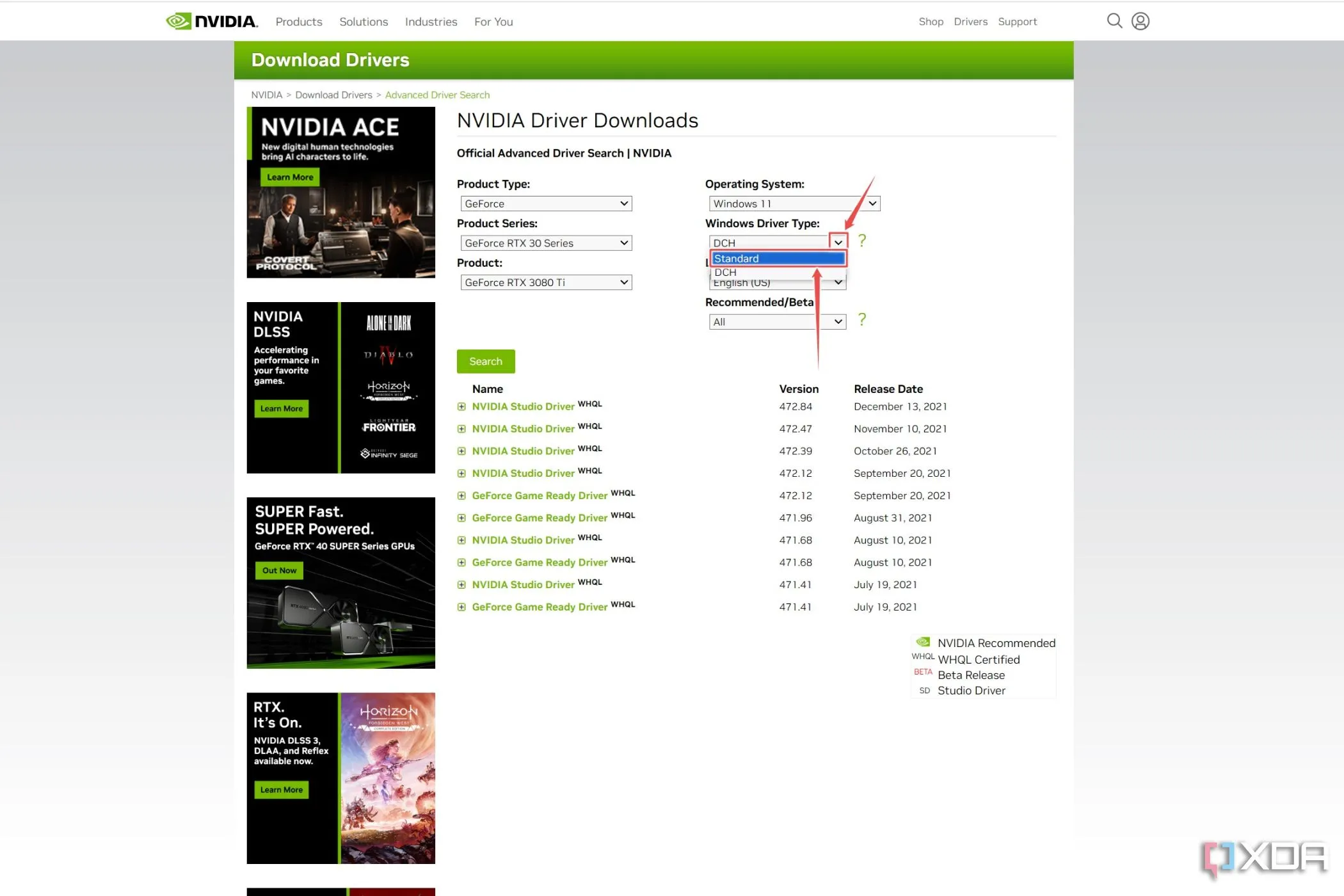 Trang web driver của Nvidia với tùy chọn Standard driver được làm nổi bật