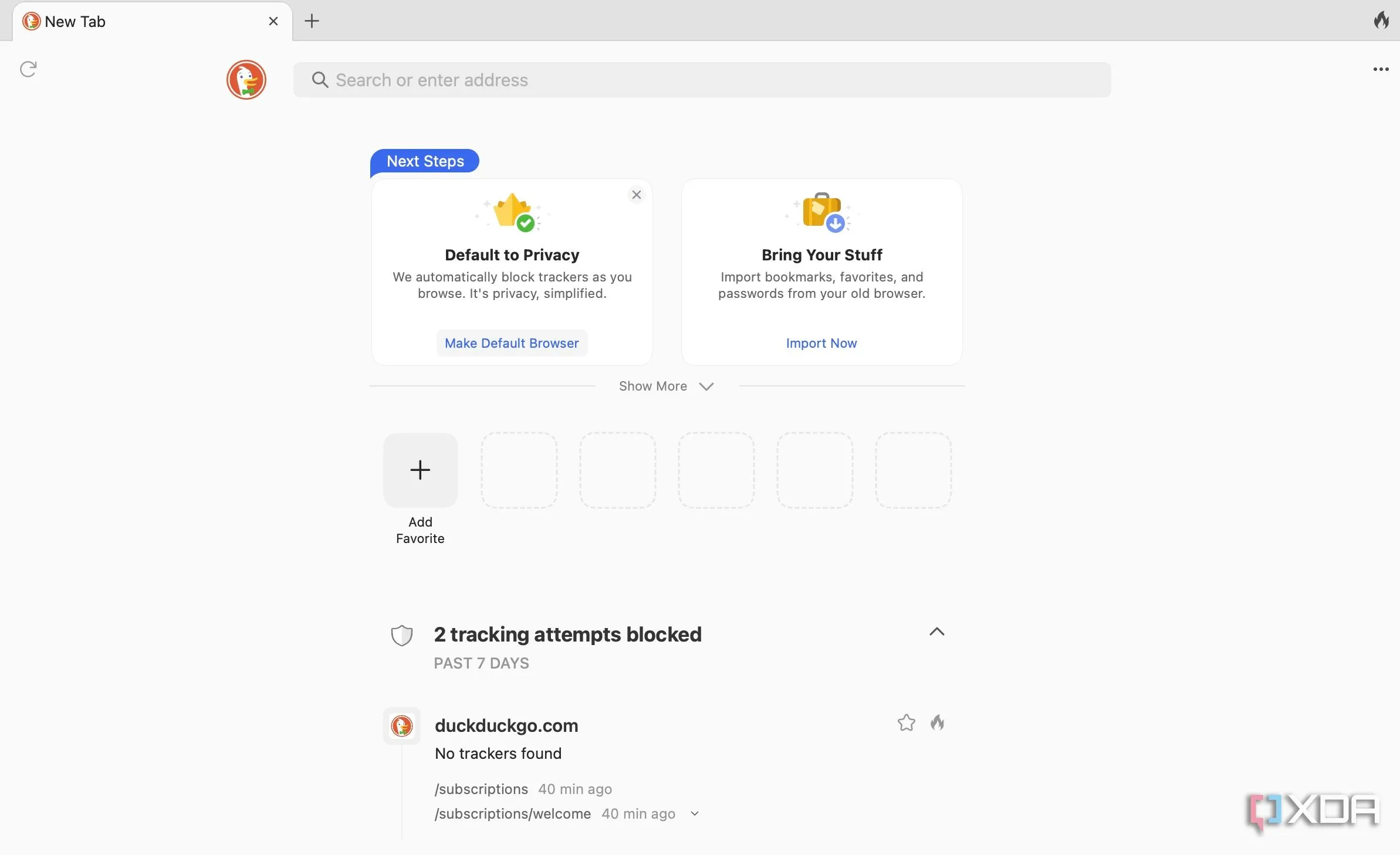 Trình duyệt web DuckDuckGo hiển thị giao diện tìm kiếm đơn giản và tập trung vào quyền riêng tư